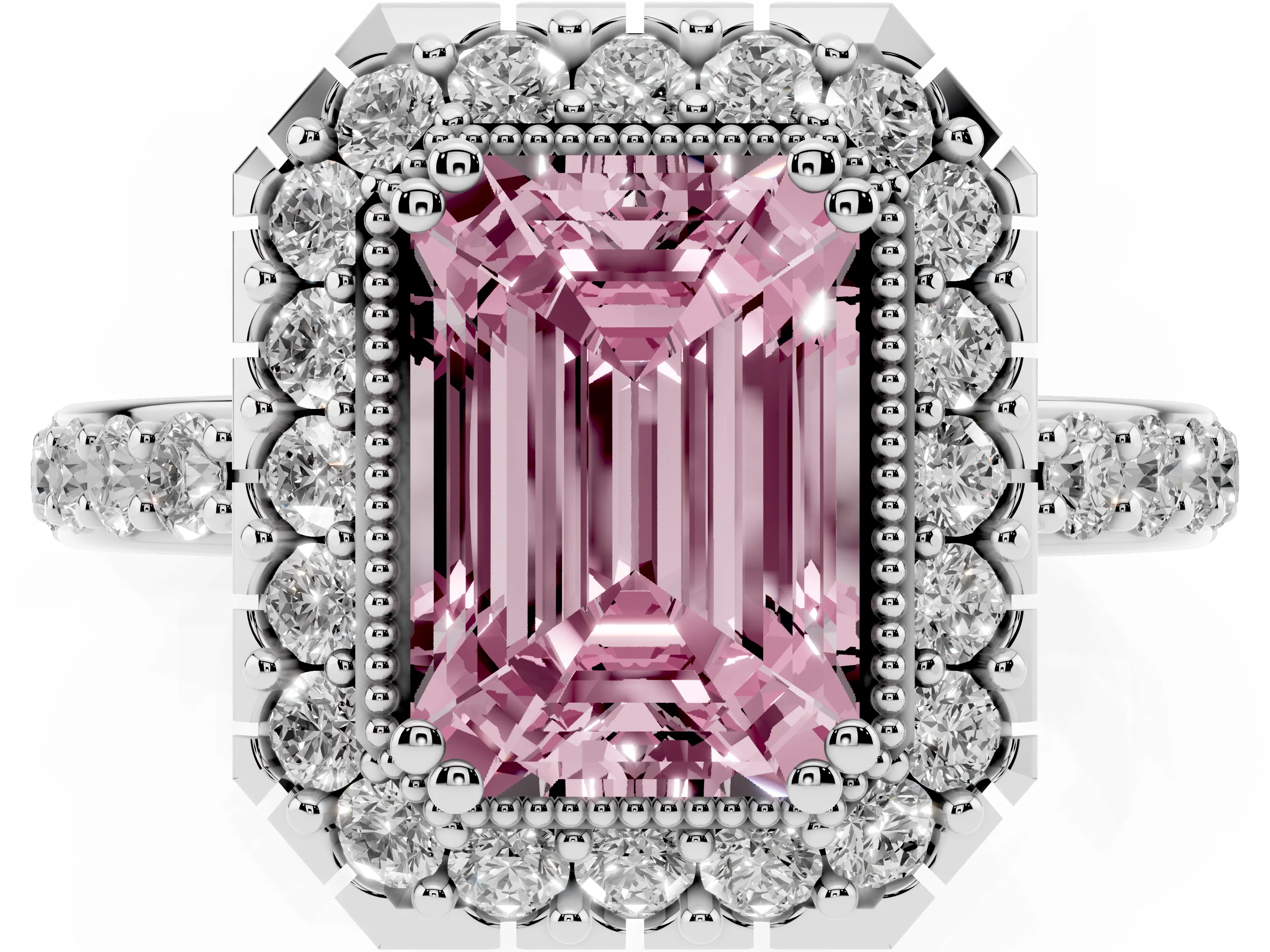 Fancy Pink Emerald Cut Diamond Halo Ring Set in Platinum with Pavé Shank and Prong Setting