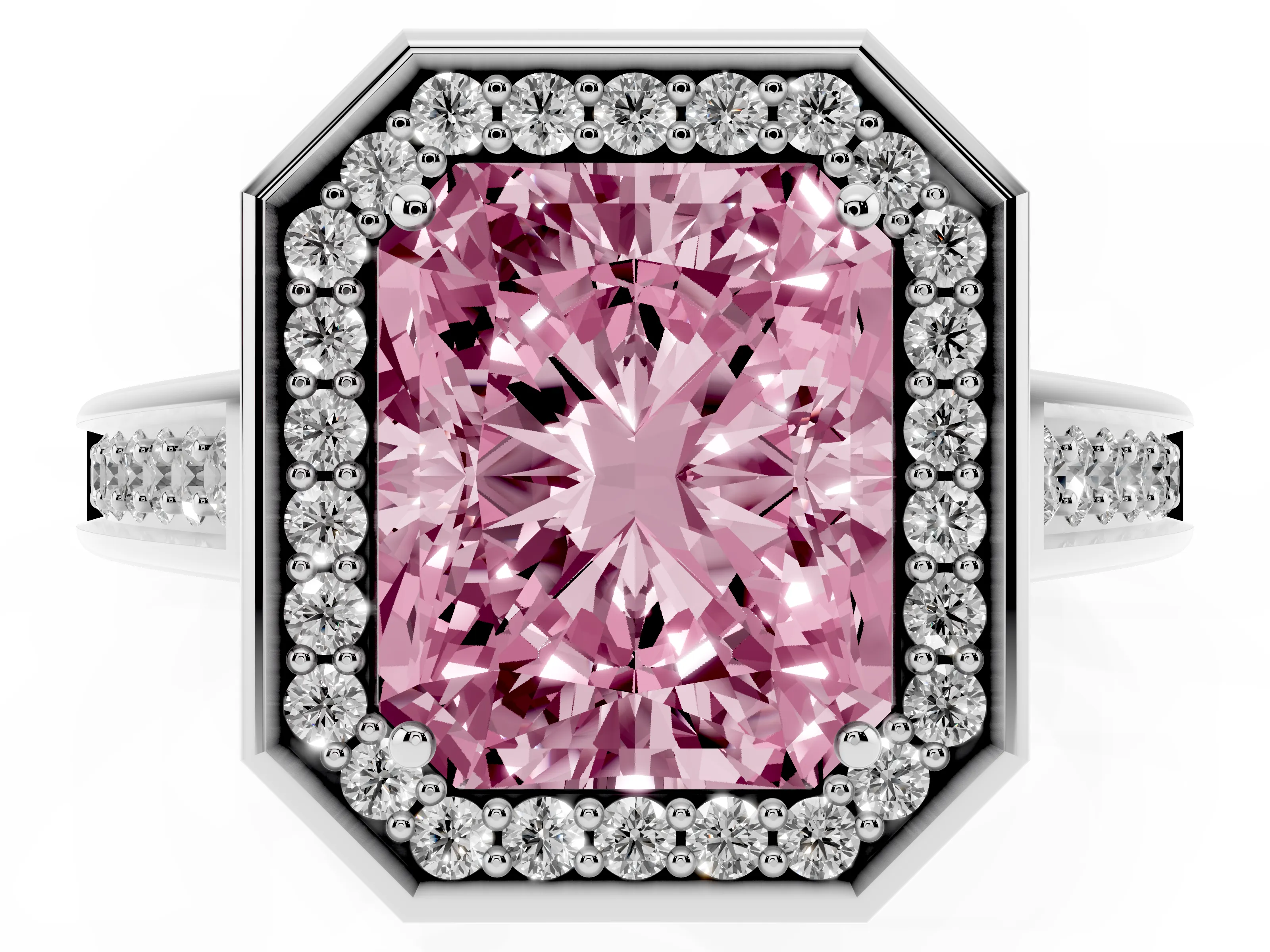 Fancy Pink Emerald Cut Diamond Halo Solitaire Ring Set in Platinum with Pavé Band and Bezel Setting