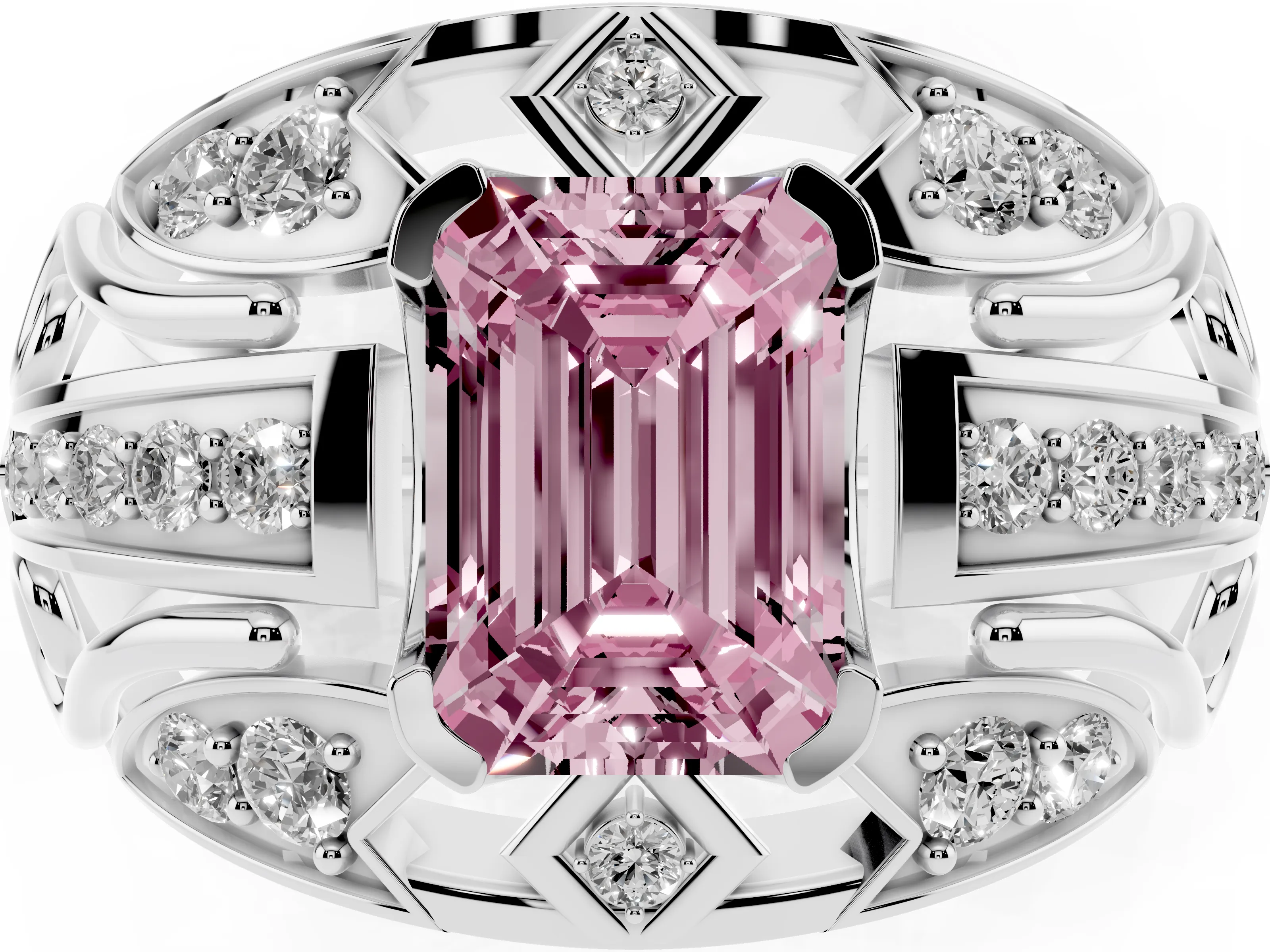 Fancy Pink Emerald Cut Diamond Art Deco Ring Set in White gold with Pavé Split Shank