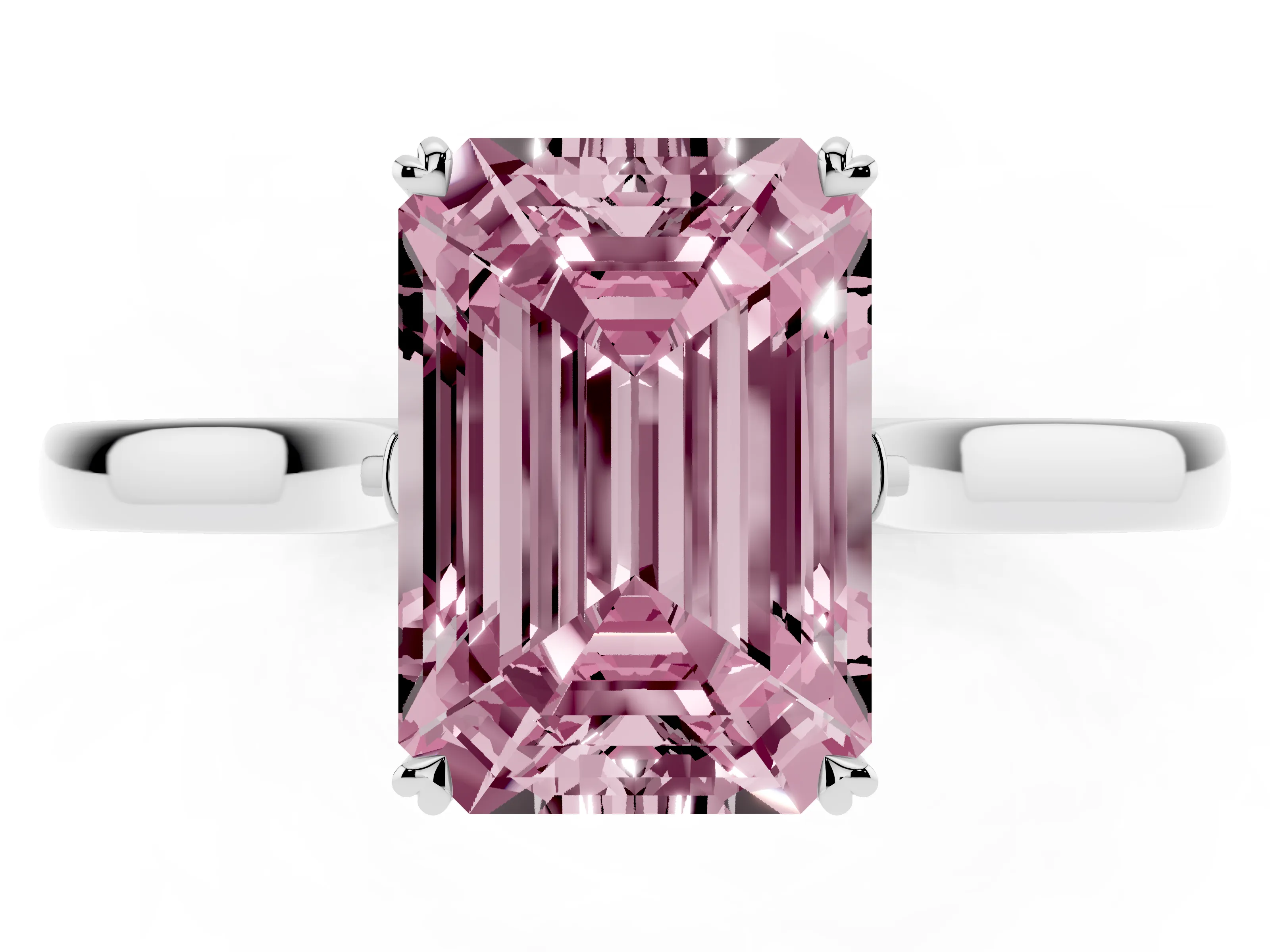 Fancy Pink Emerald Cut Diamond Solitaire Heart Prong Engagement Ring Set in Platinum with Tapered Band