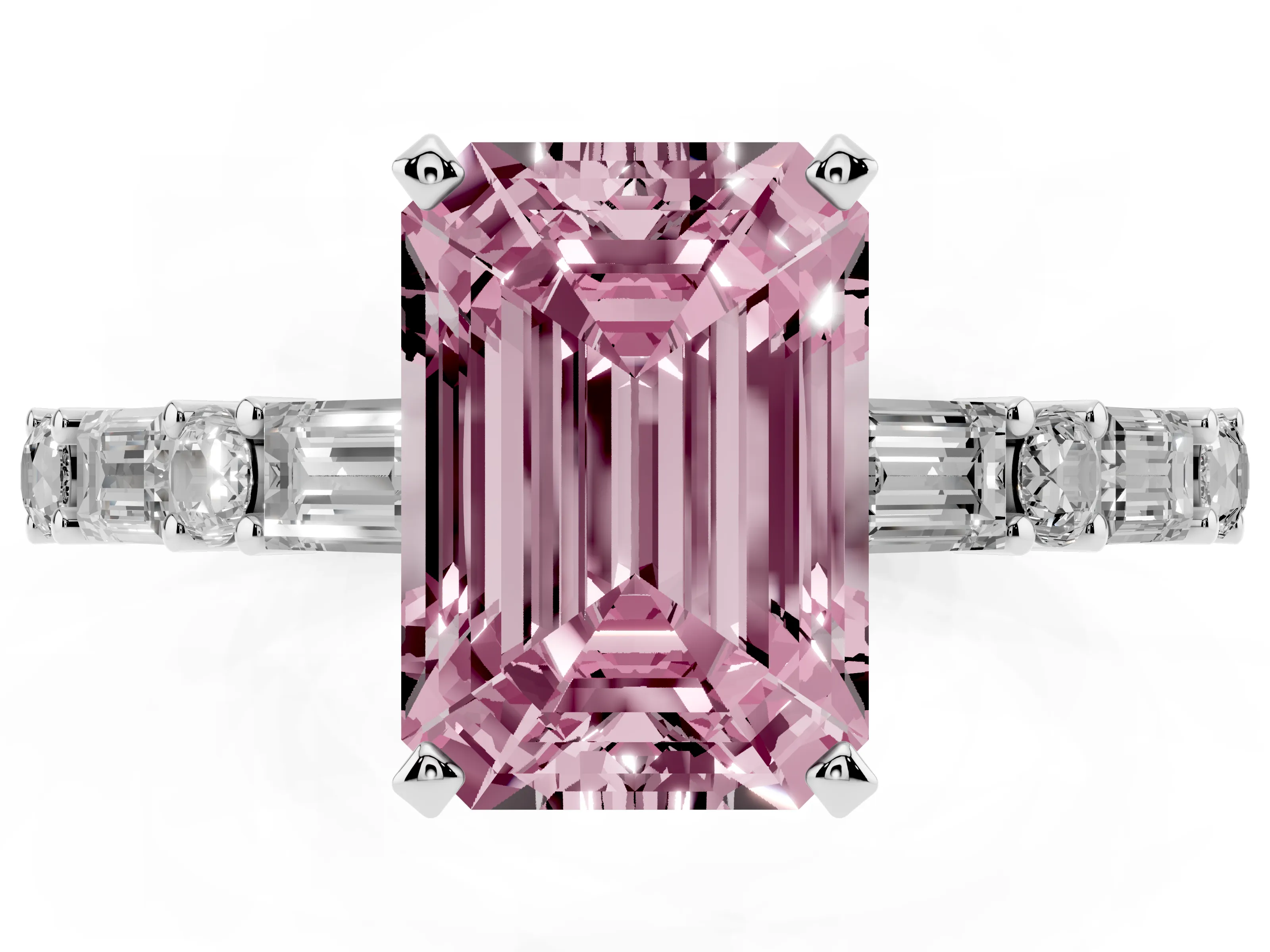 Fancy Pink Emerald Cut Diamond Solitaire Set in Platinum with Side Baguettes and Channel Set Band