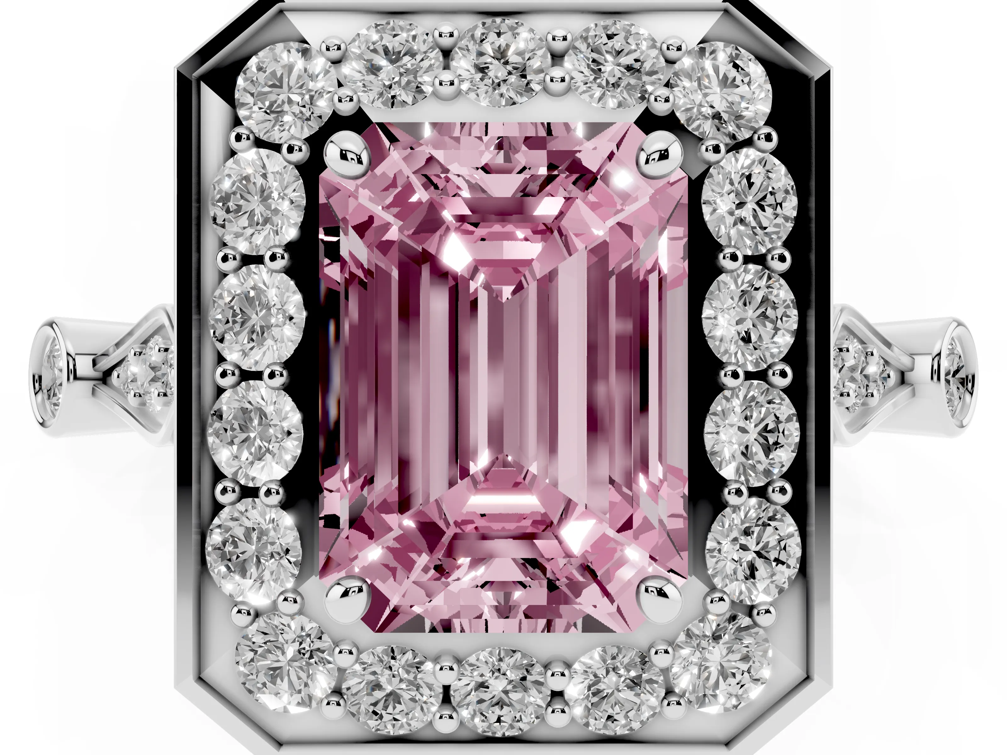 Fancy Pink Emerald Cut Diamond Halo Engagement Ring Set in Platinum with Twisted Band and Prong Setting