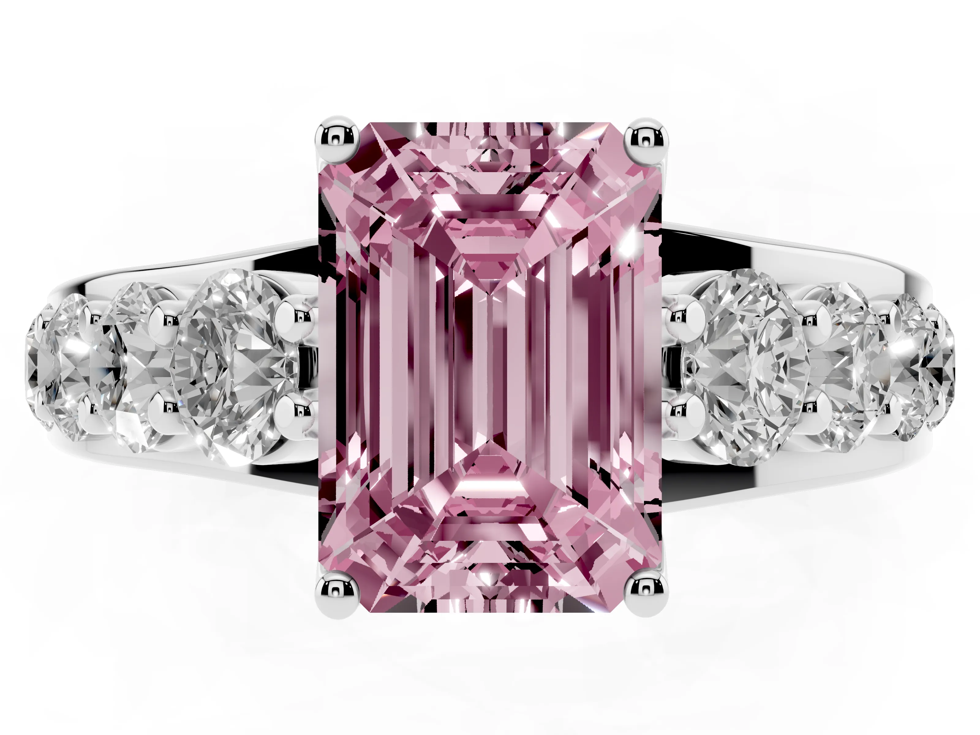 Fancy Pink Emerald Cut Diamond Pavé Engagement Ring Set in Silver with Prong Setting