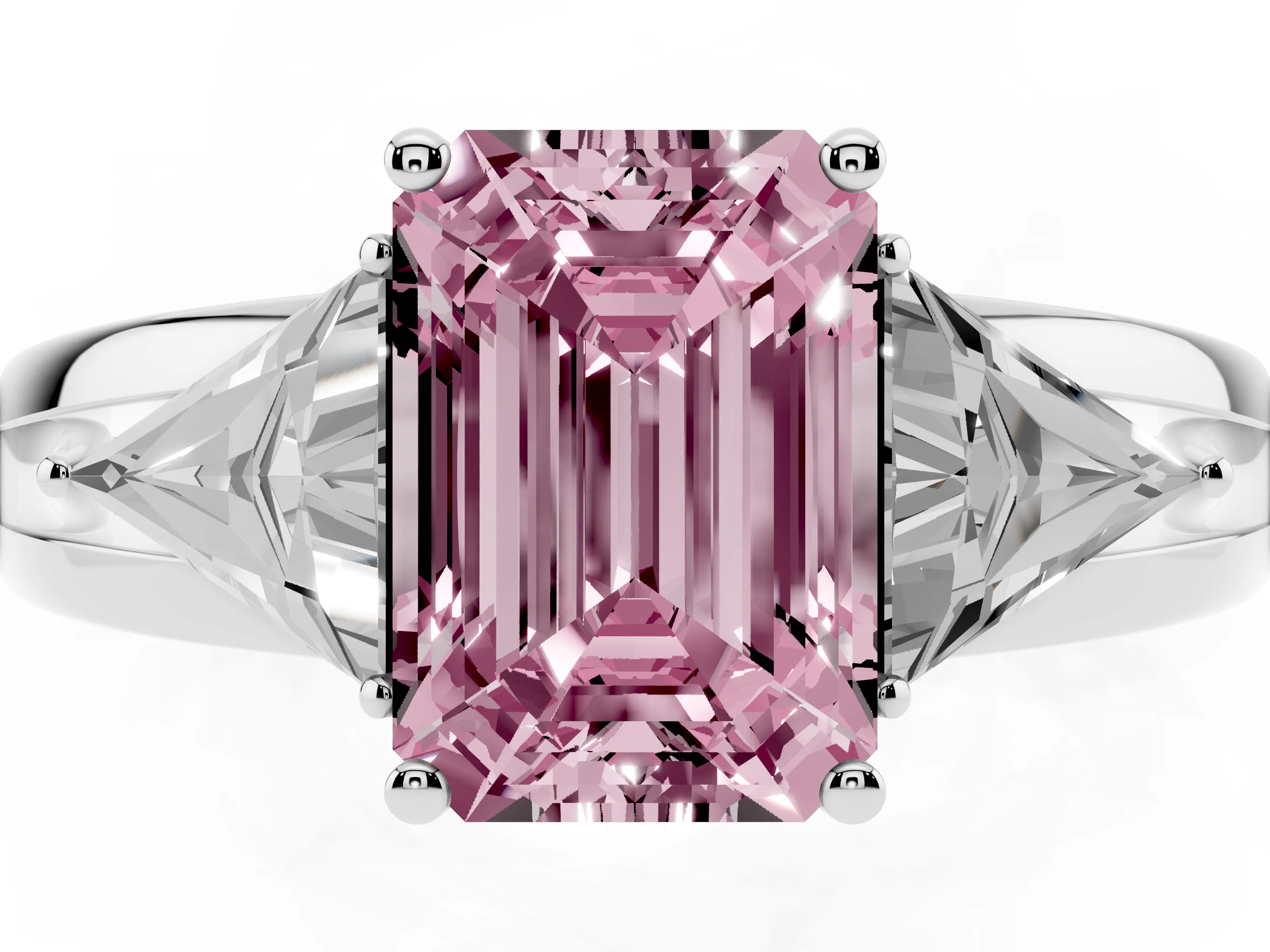 Fancy Pink Emerald Cut Diamond Three-Stone Ring Set in White gold with Trillion Side Stones and Split Shank