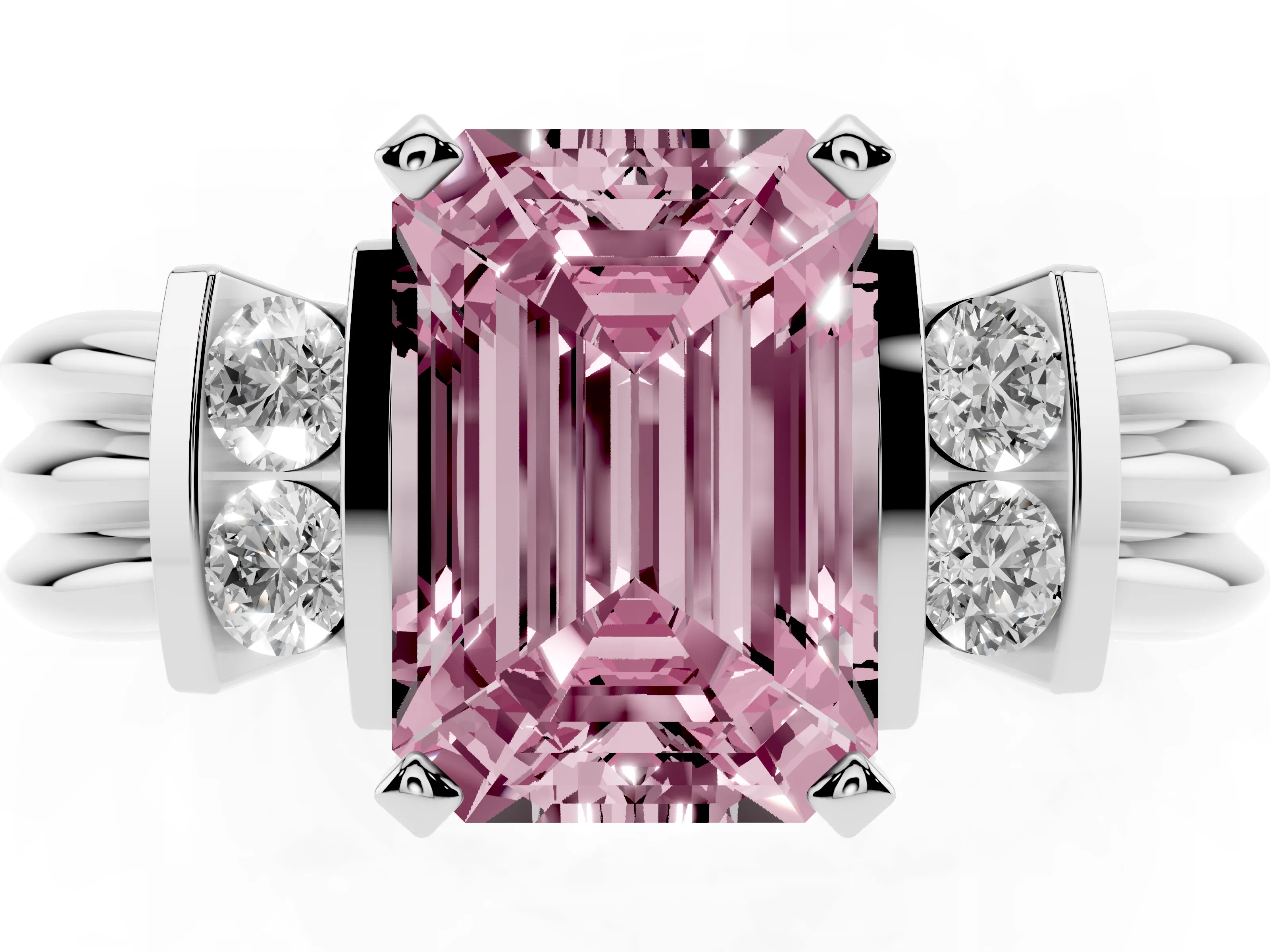 Fancy Pink Three-Stone Emerald Cut Diamond Channel Set Ring Set in White gold with Bar Prongs