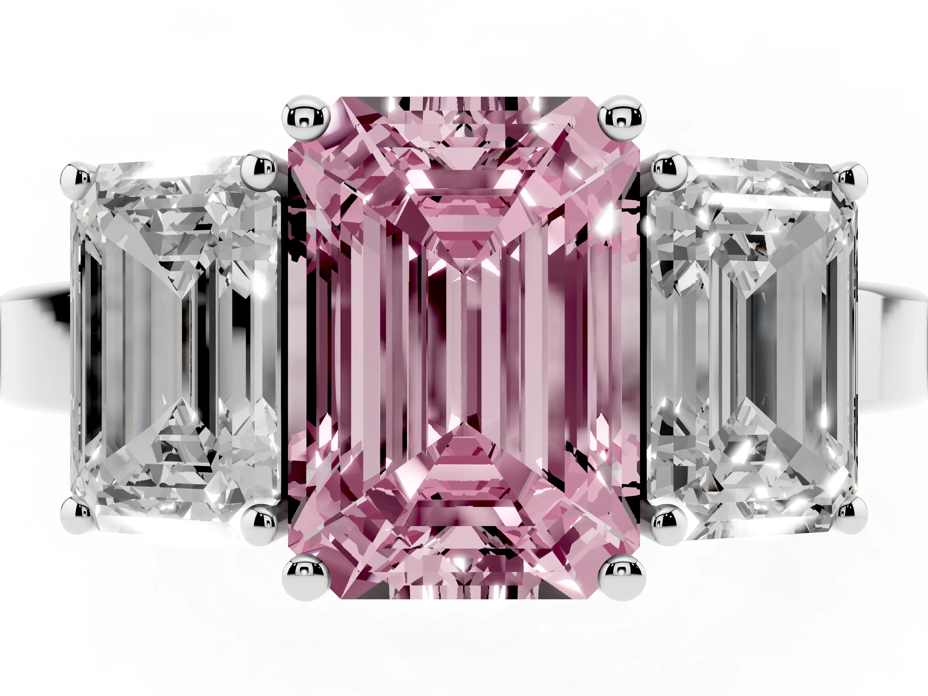 Fancy Pink Emerald Cut Diamond Three-Stone Engagement Ring Set in Silver with Flat Band
