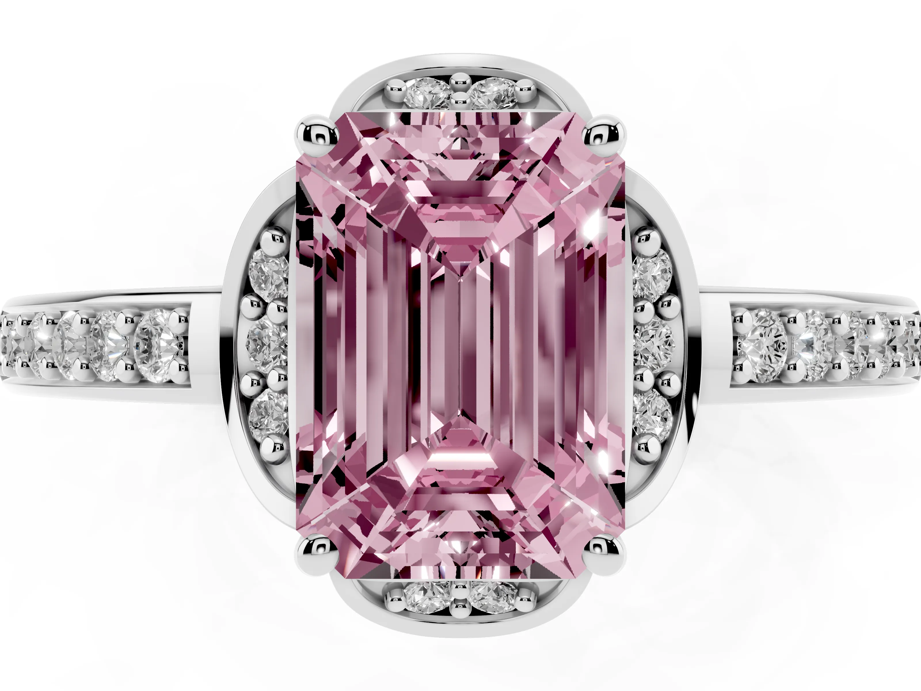 Fancy Pink Emerald Cut Diamond Halo Ring Set in Silver with Channel Set Band and Prong Setting