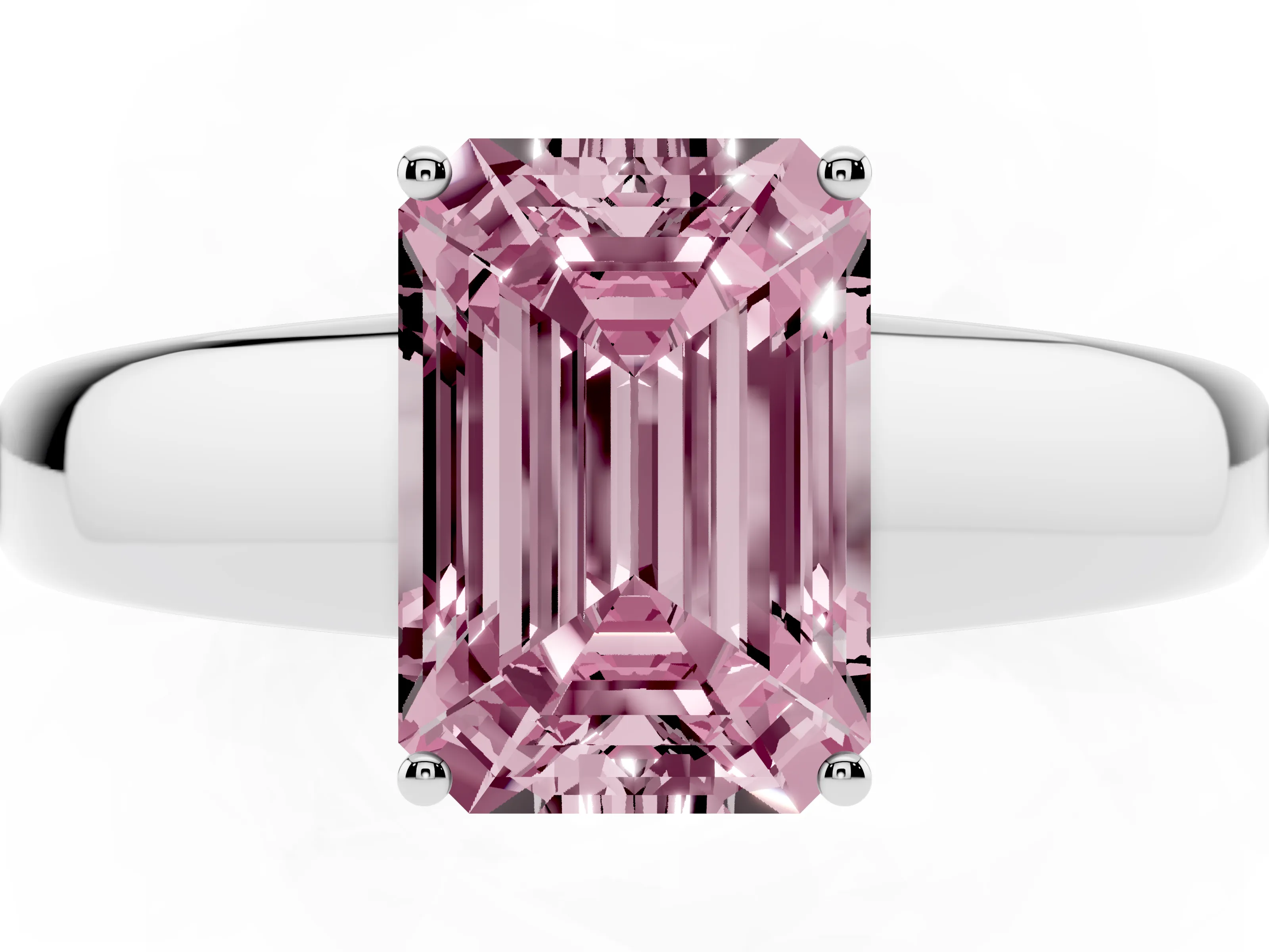Fancy Pink Emerald Cut Diamond Solitaire Ring Set in White gold with Tapered Band and Prong Setting