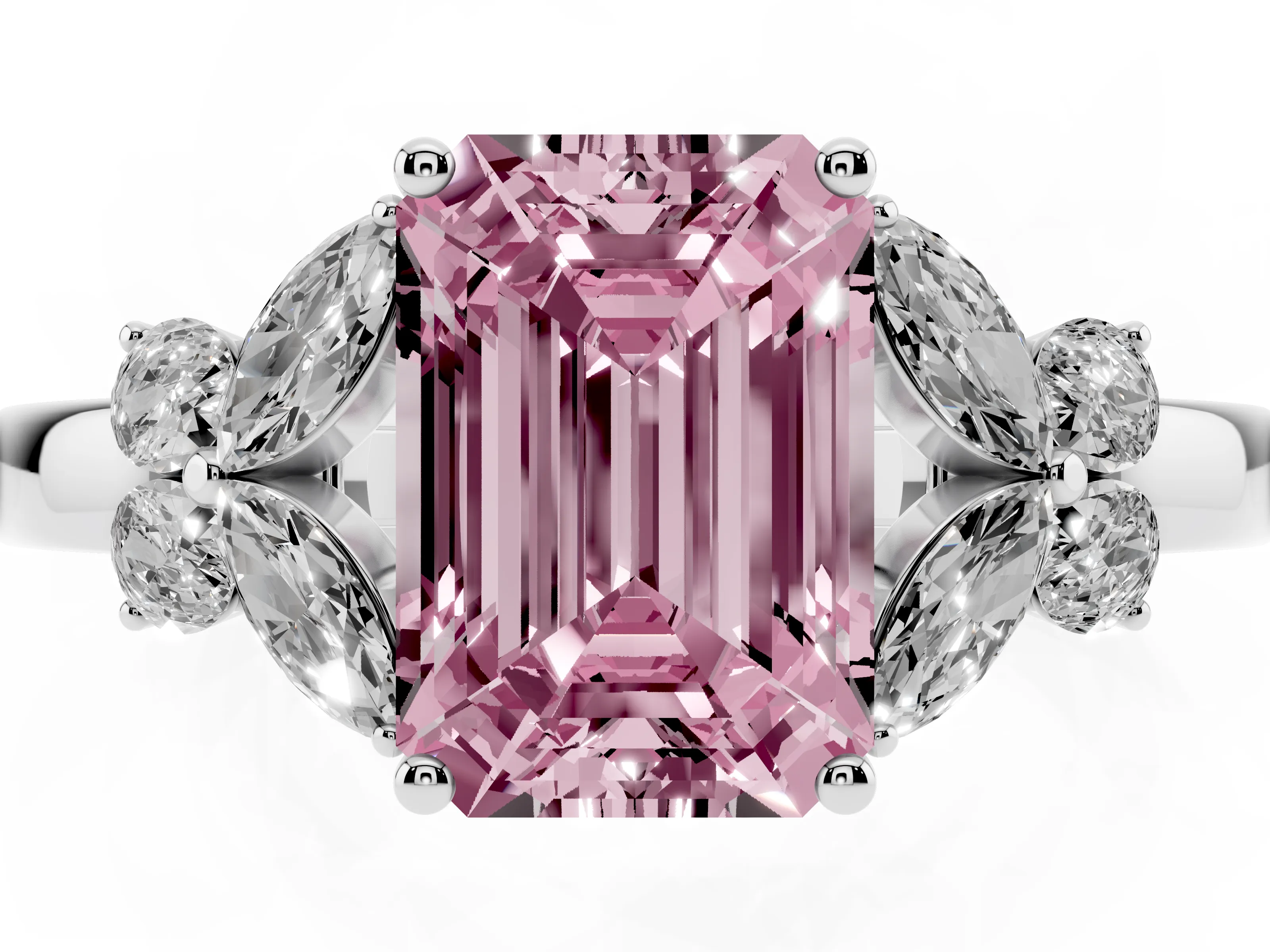 Fancy Pink Emerald Cut Diamond Solitaire Floral Ring Set in Silver with Marquise Petals and Prong Setting