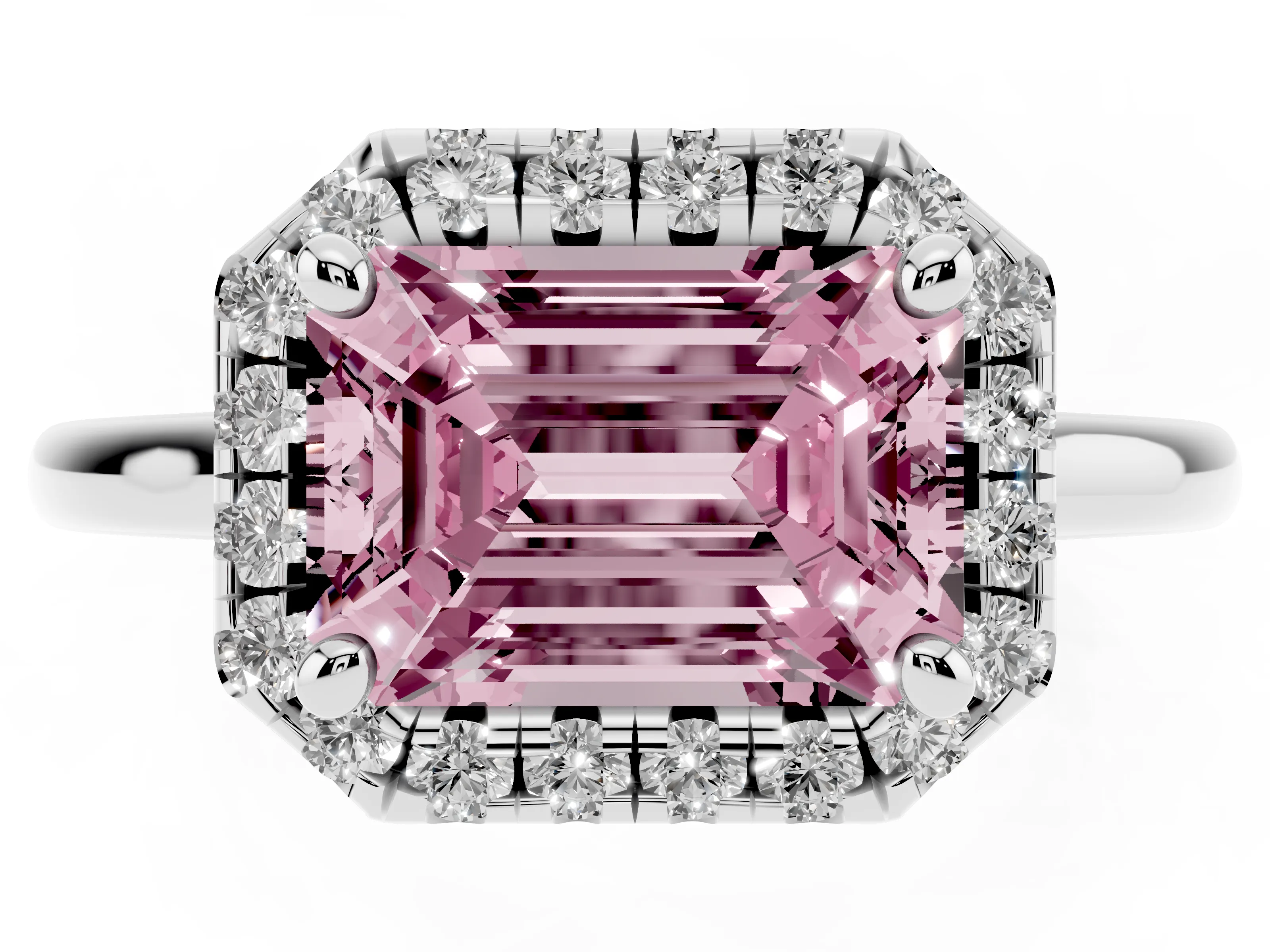 Fancy Pink Emerald Cut Diamond Halo Engagement Ring Set in White gold with Pavé Band and Rising Shoulders