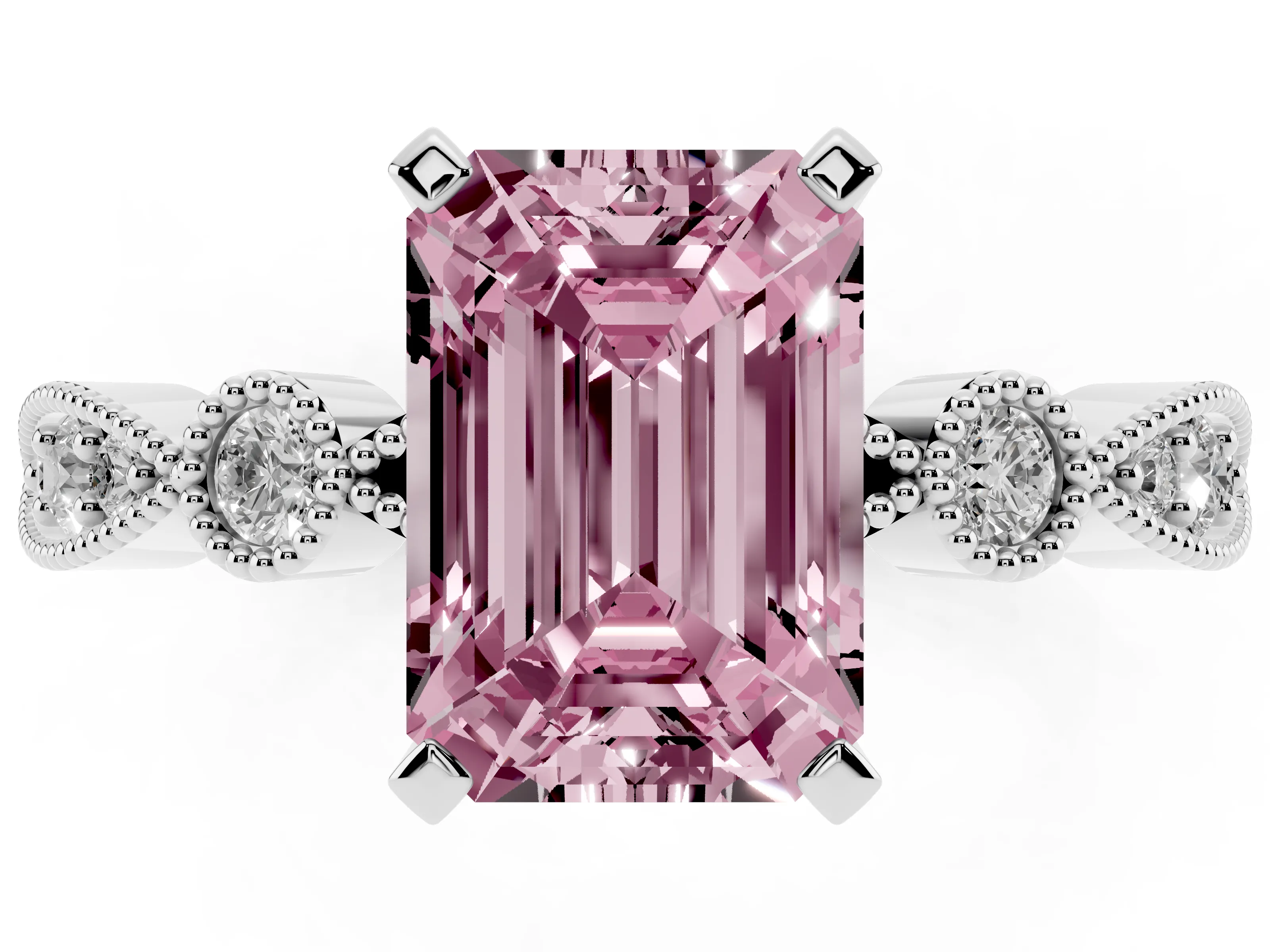 Fancy Pink Emerald Cut Diamond Solitaire Engagement Ring Set in Silver with Milgrain Bezel Accent Band