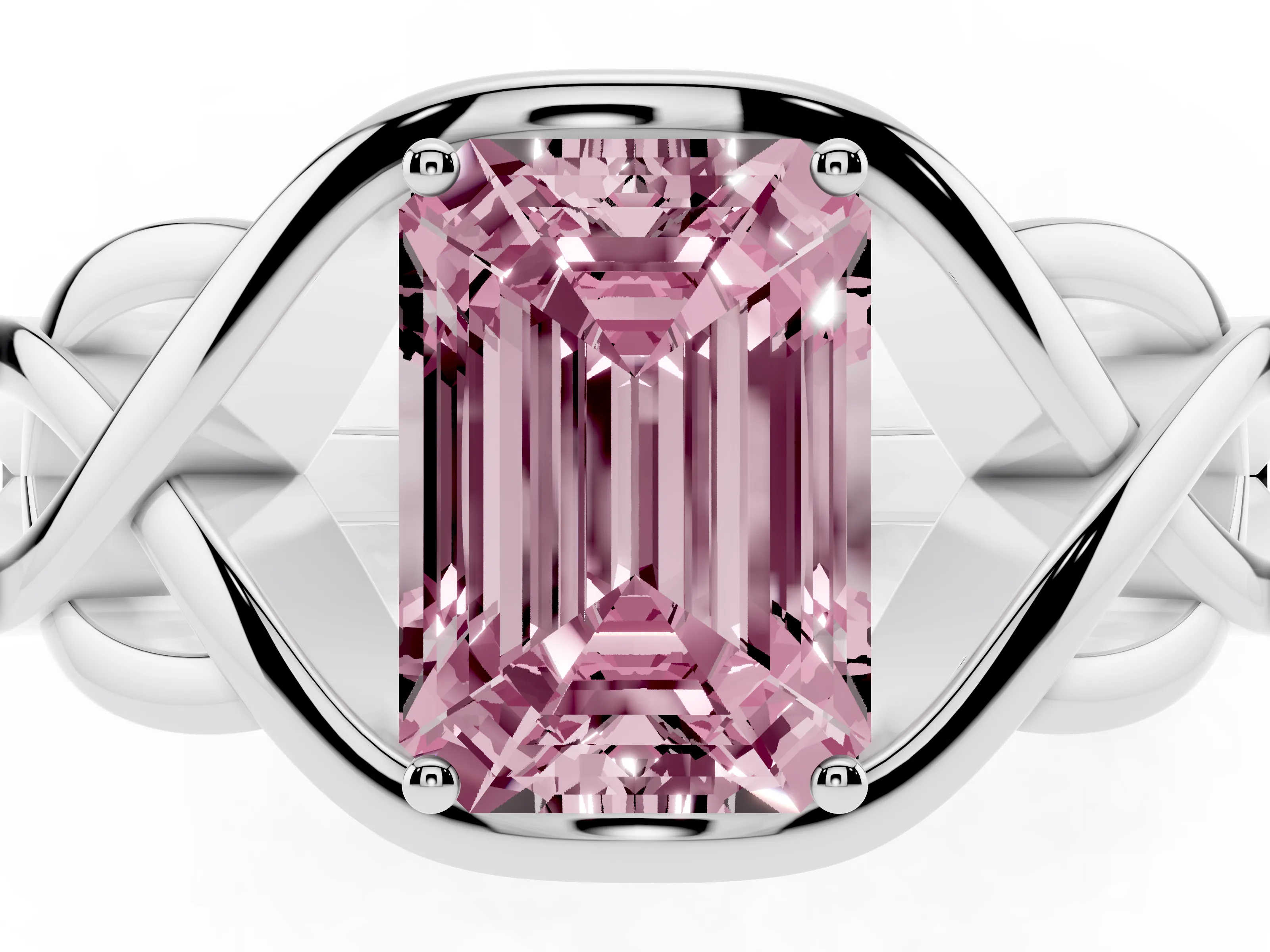 Fancy Pink Emerald Cut Diamond Solitaire Ring Set in Platinum with Intertwined Band