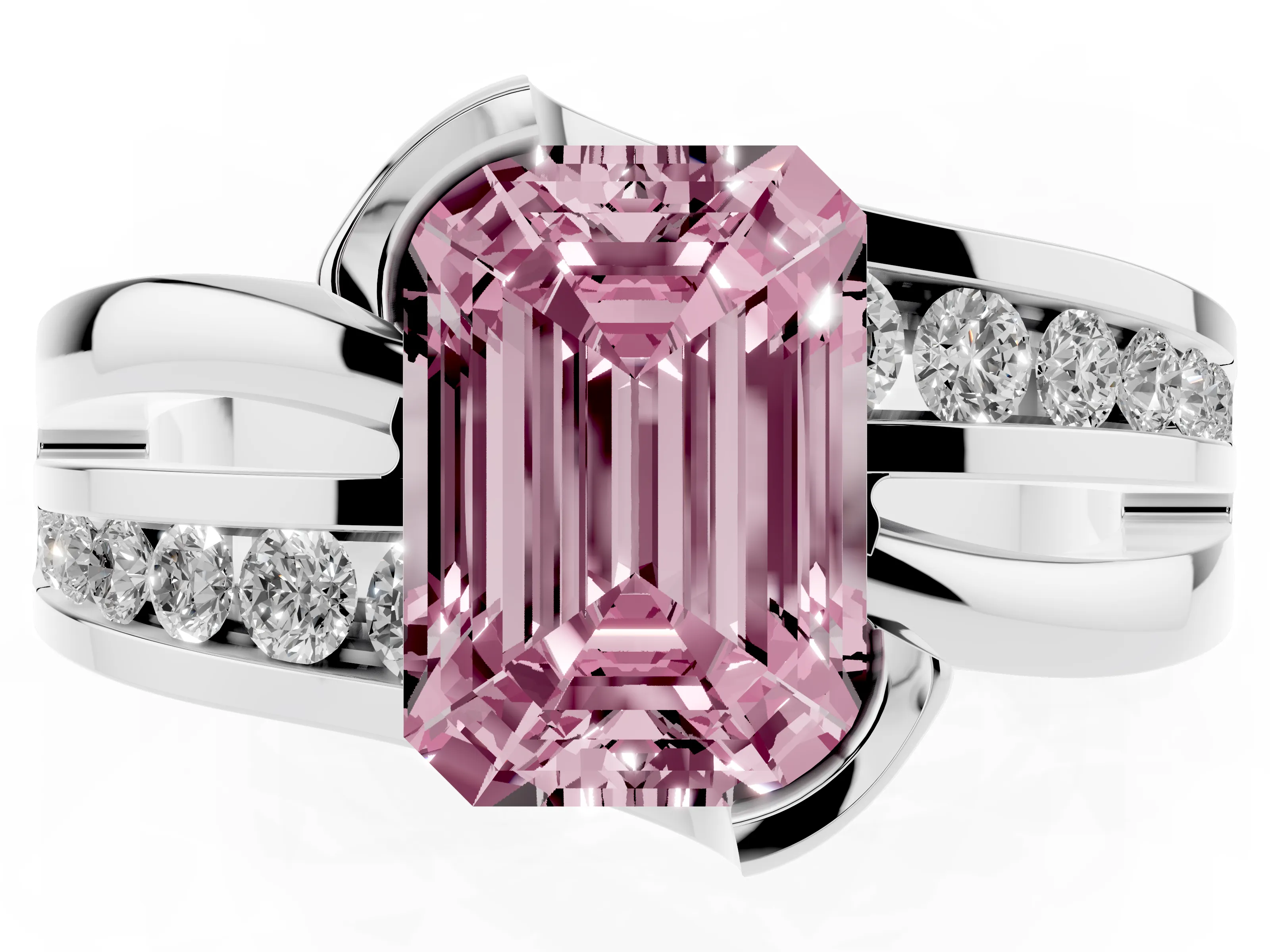 Fancy Pink Emerald Cut Diamond Solitaire Ring Set in Silver with Channel Set Split Shank and Tension Prongs