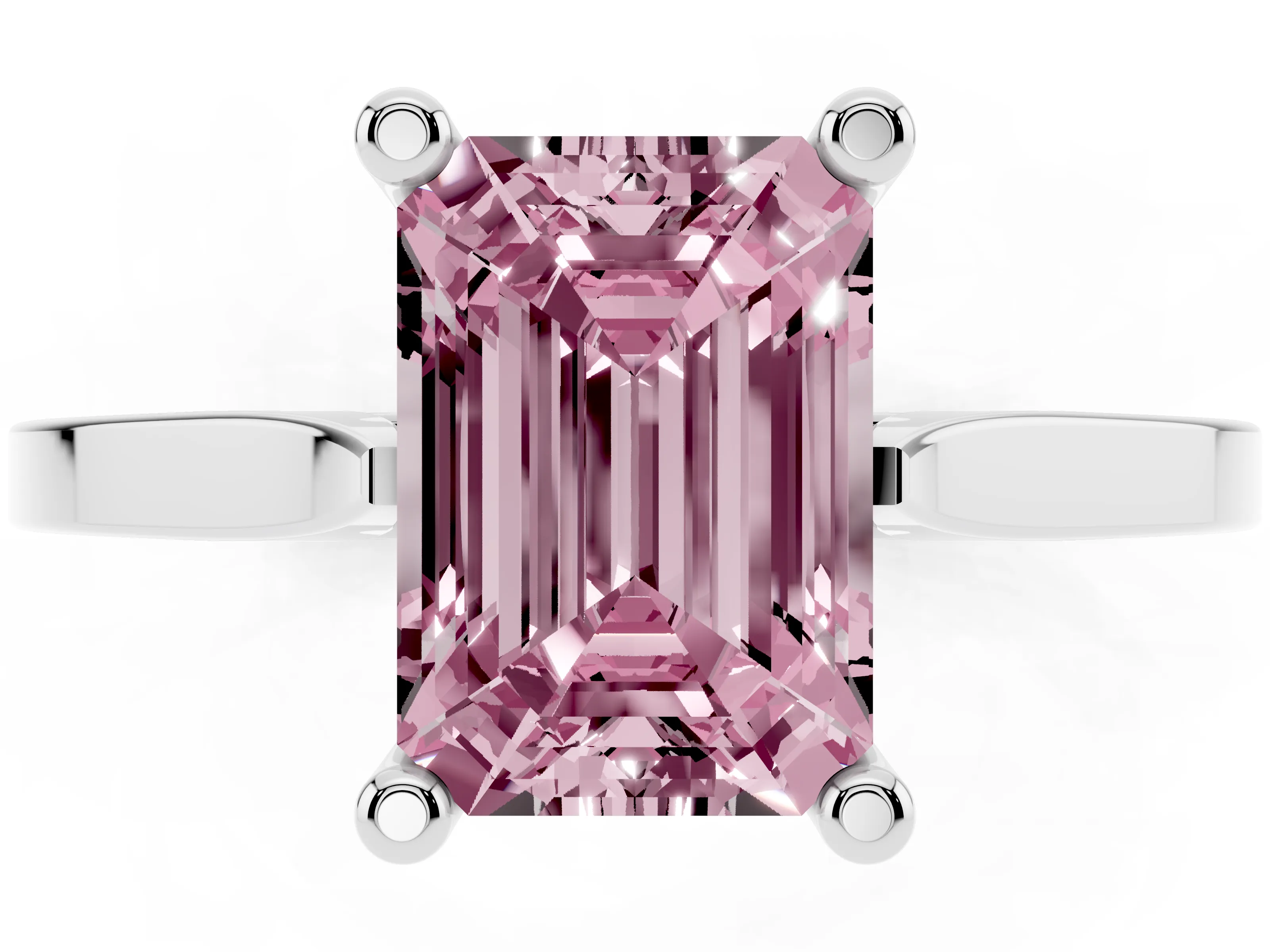 Fancy Pink Emerald Cut Diamond Solitaire Ring Set in Silver with Prong Setting and Tapered Band