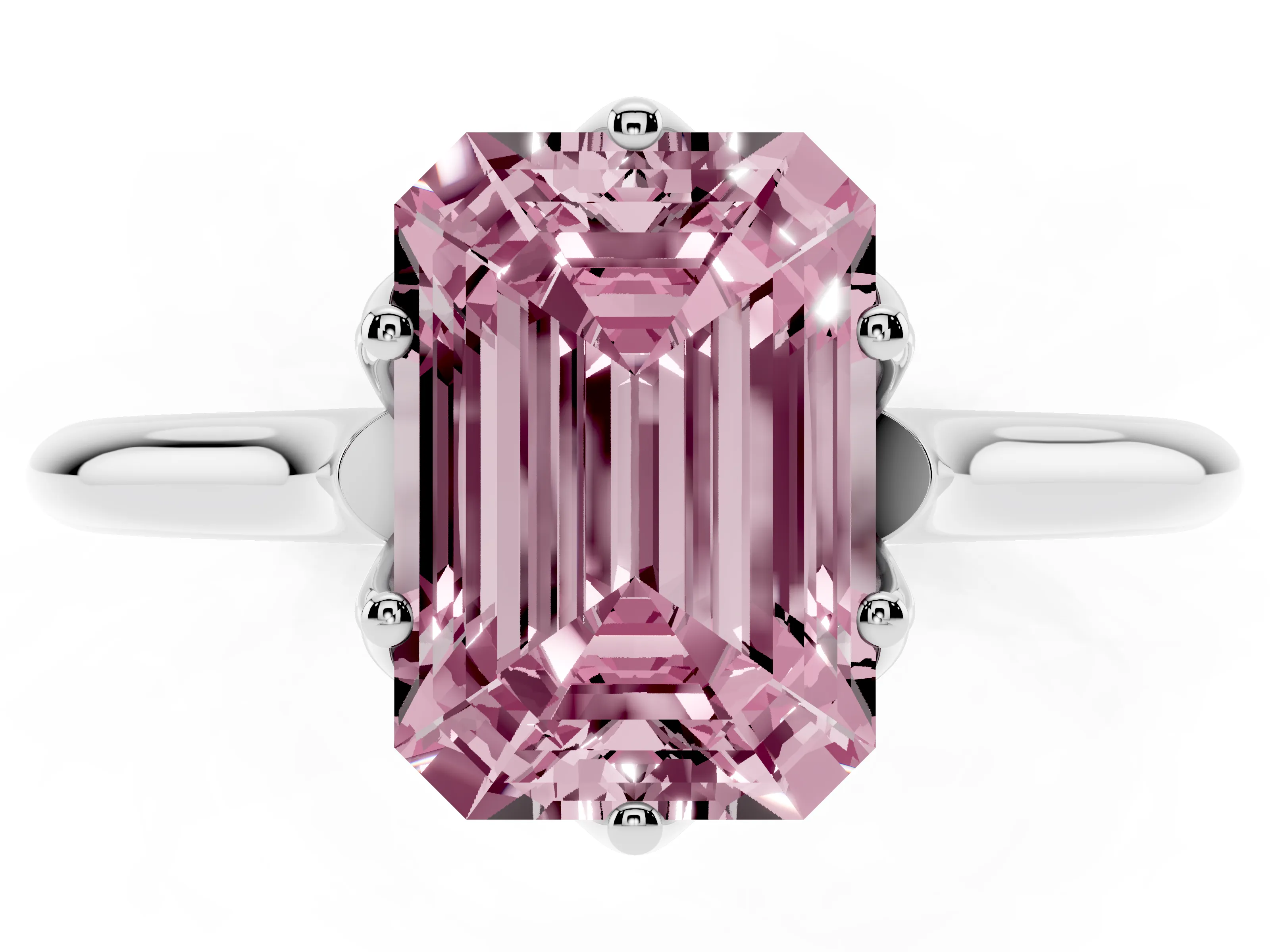 Fancy Pink Emerald Cut Diamond Solitaire Cathedral Ring Set in Platinum with Prong Setting