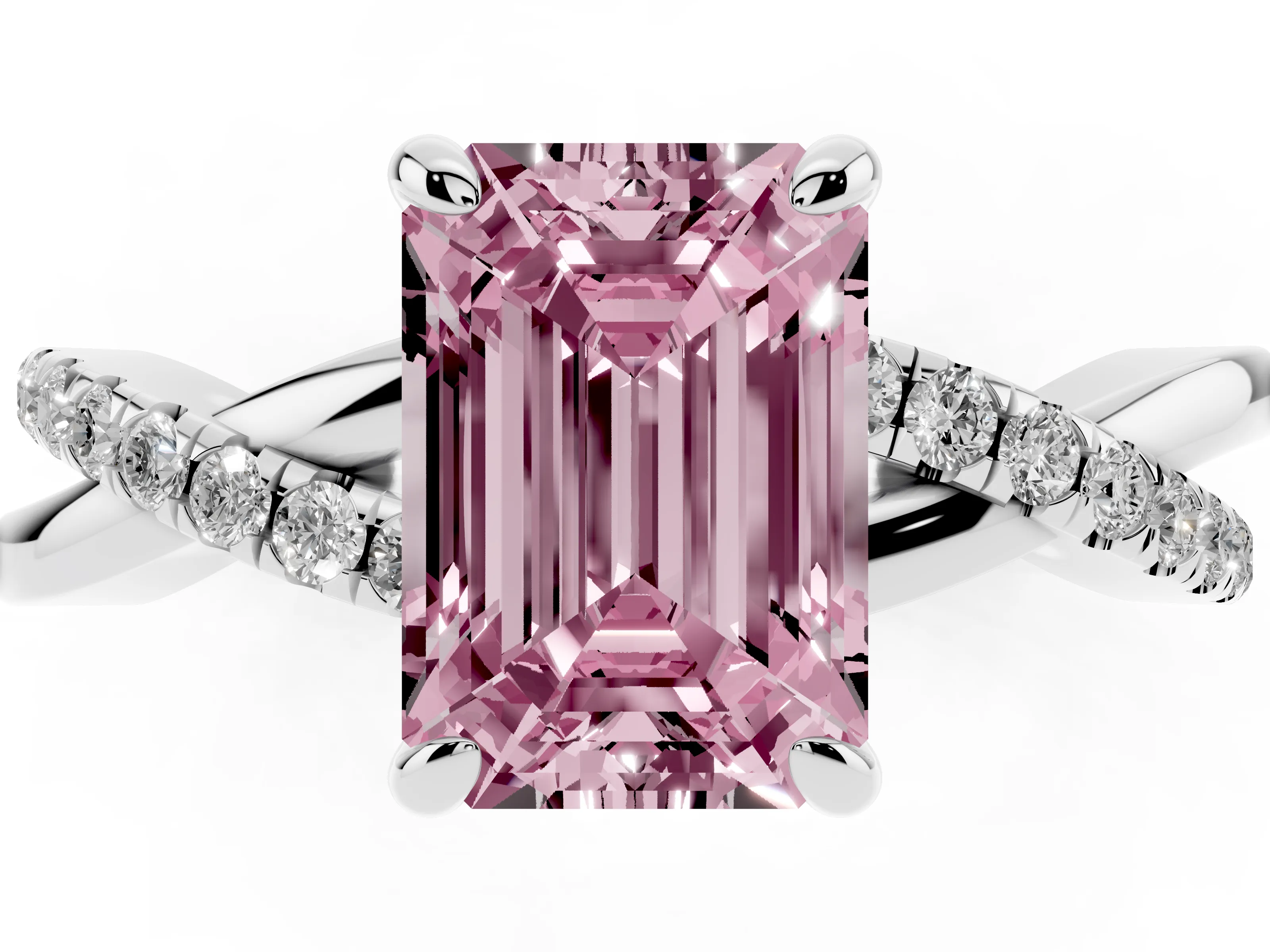 Fancy Pink Emerald Cut Diamond Twist Band Solitaire Set in White gold with Pavé Accents and Prong Setting