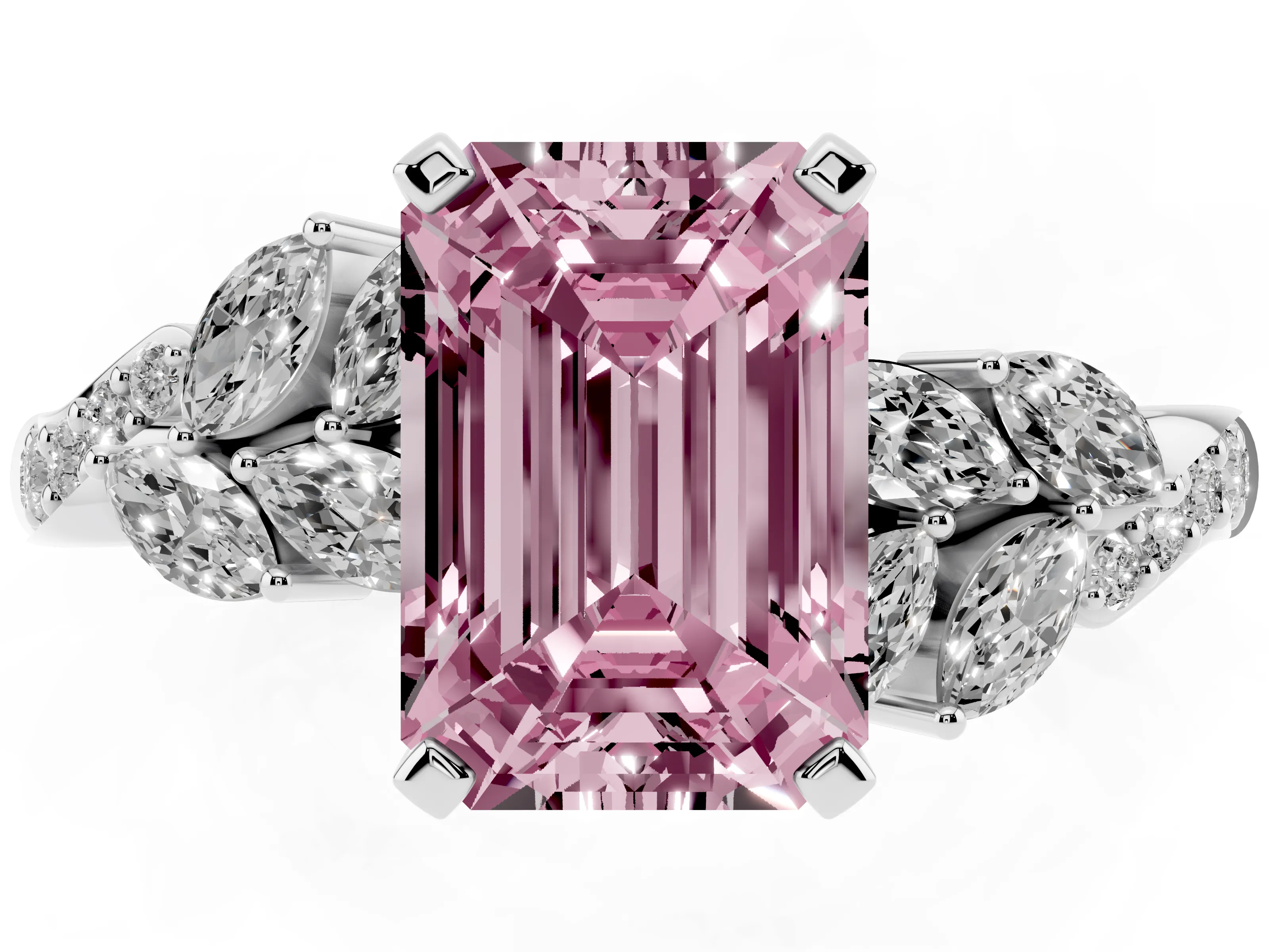 Fancy Pink Emerald Cut Diamond Solitaire Ring Set in Silver with Marquise Twist Band and Prong Setting