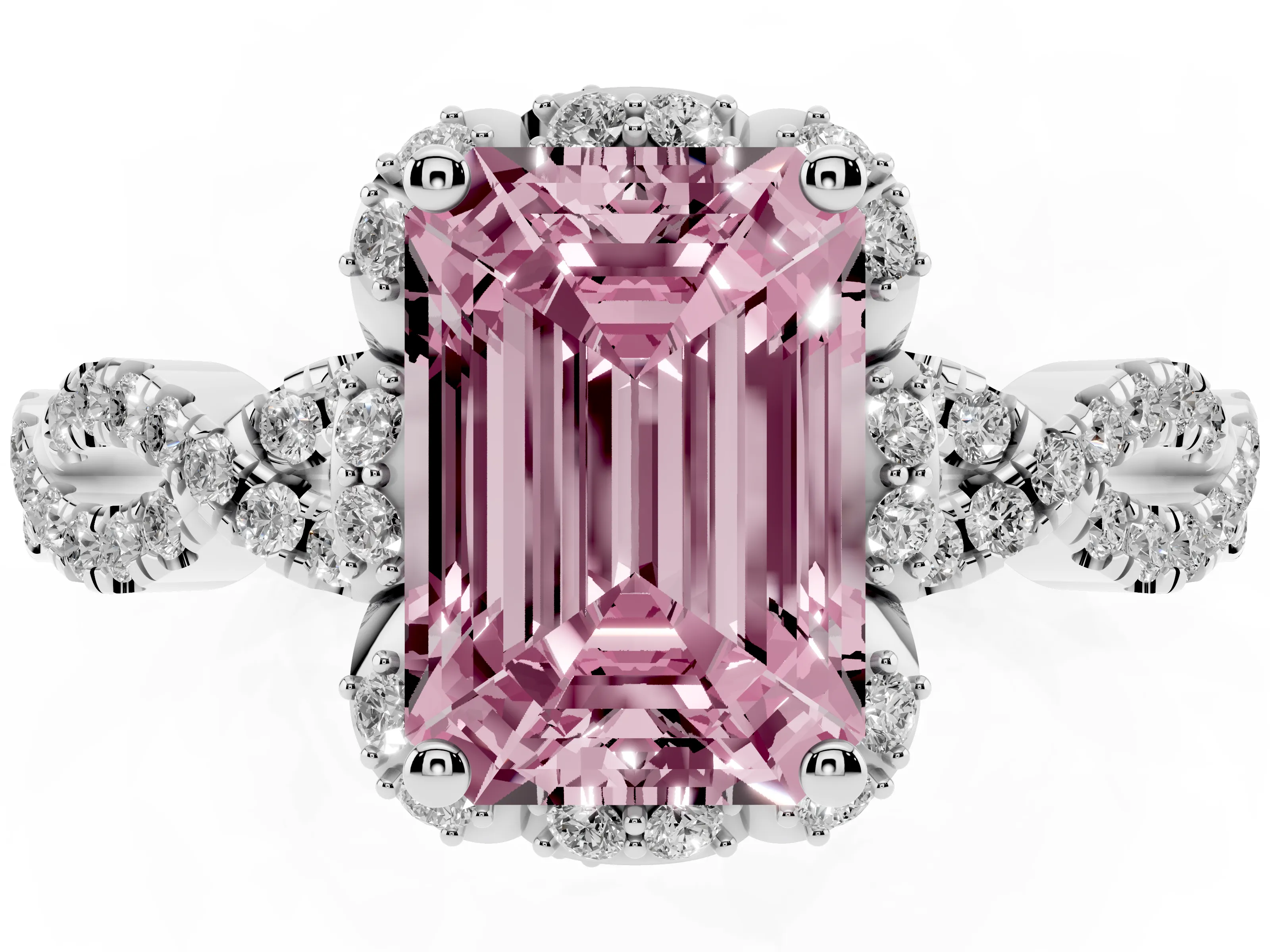 Fancy Pink Emerald Cut Diamond Halo Twist Band Solitaire Ring Set in Platinum with Prong-Set Center Stone