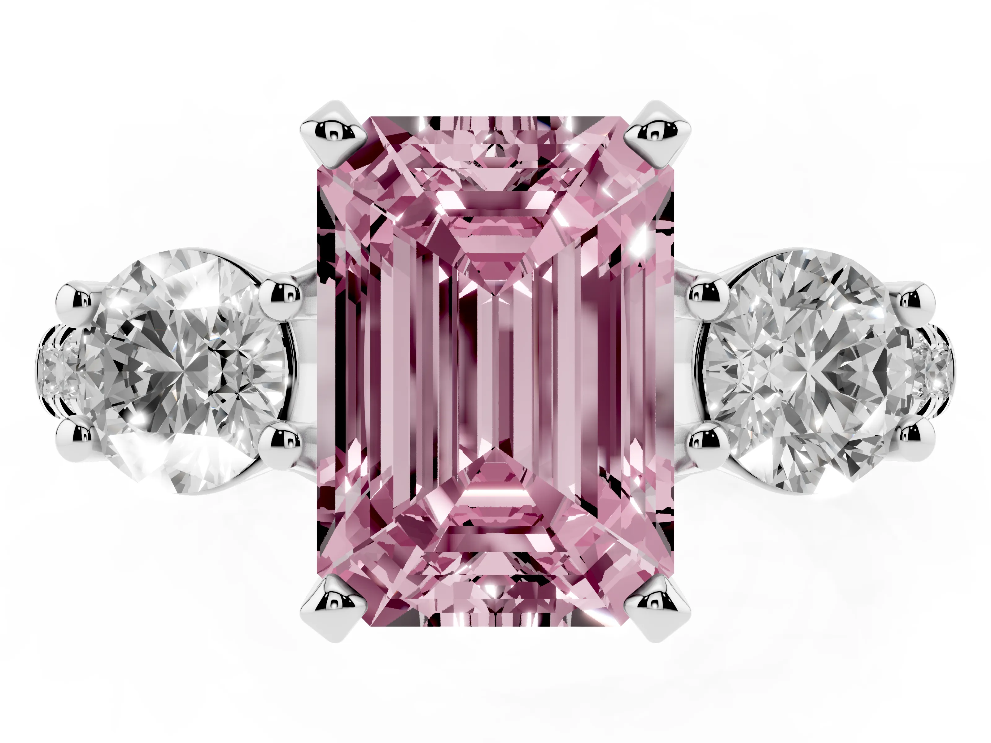 Fancy Pink Three-Stone Emerald Cut Diamond Pavé Band Ring Set in Silver with Prong-Set Trio
