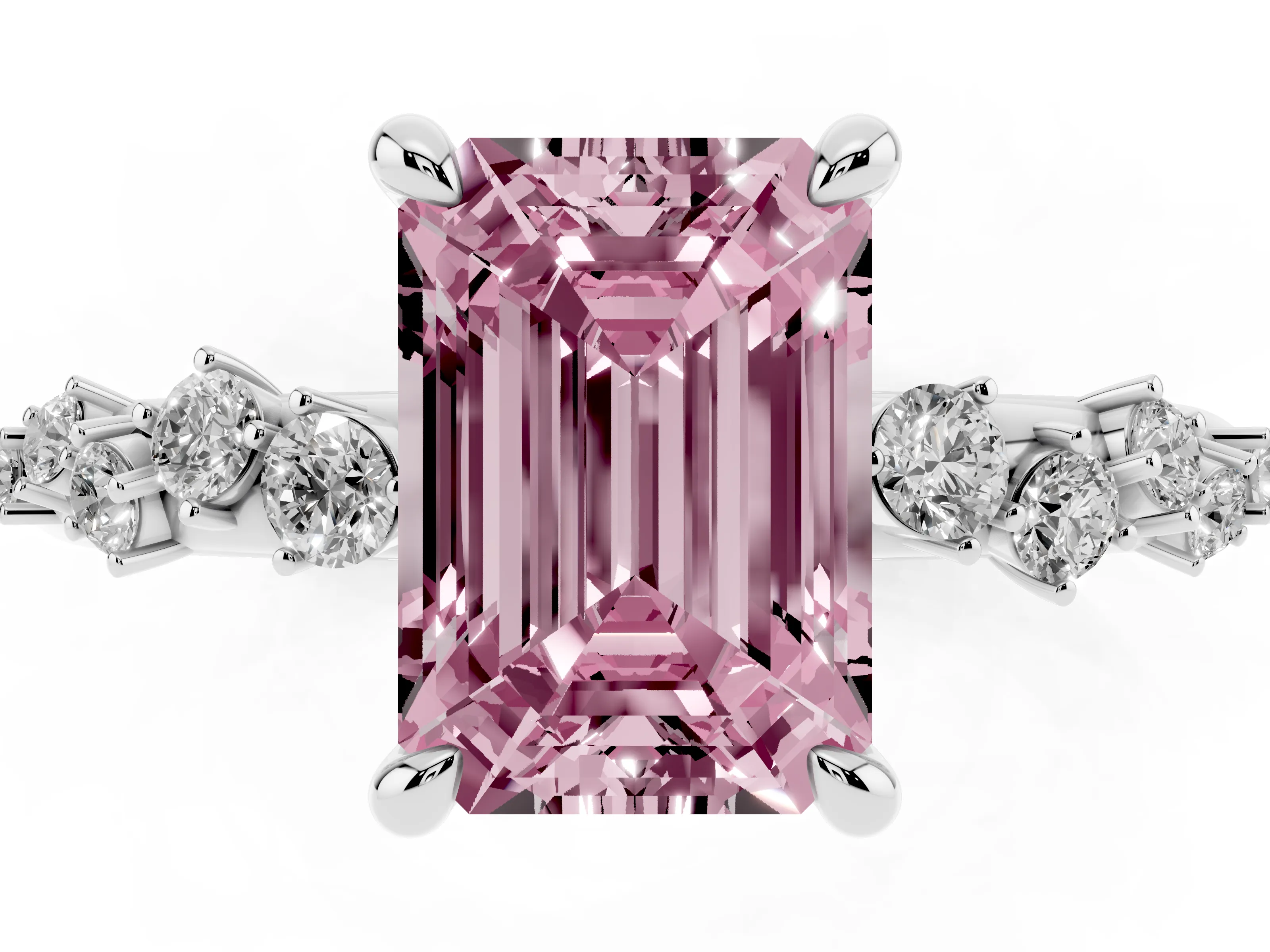 Fancy Pink Emerald Cut Diamond Solitaire Vine Band Ring Set in Silver with Round Accents and Prong Setting