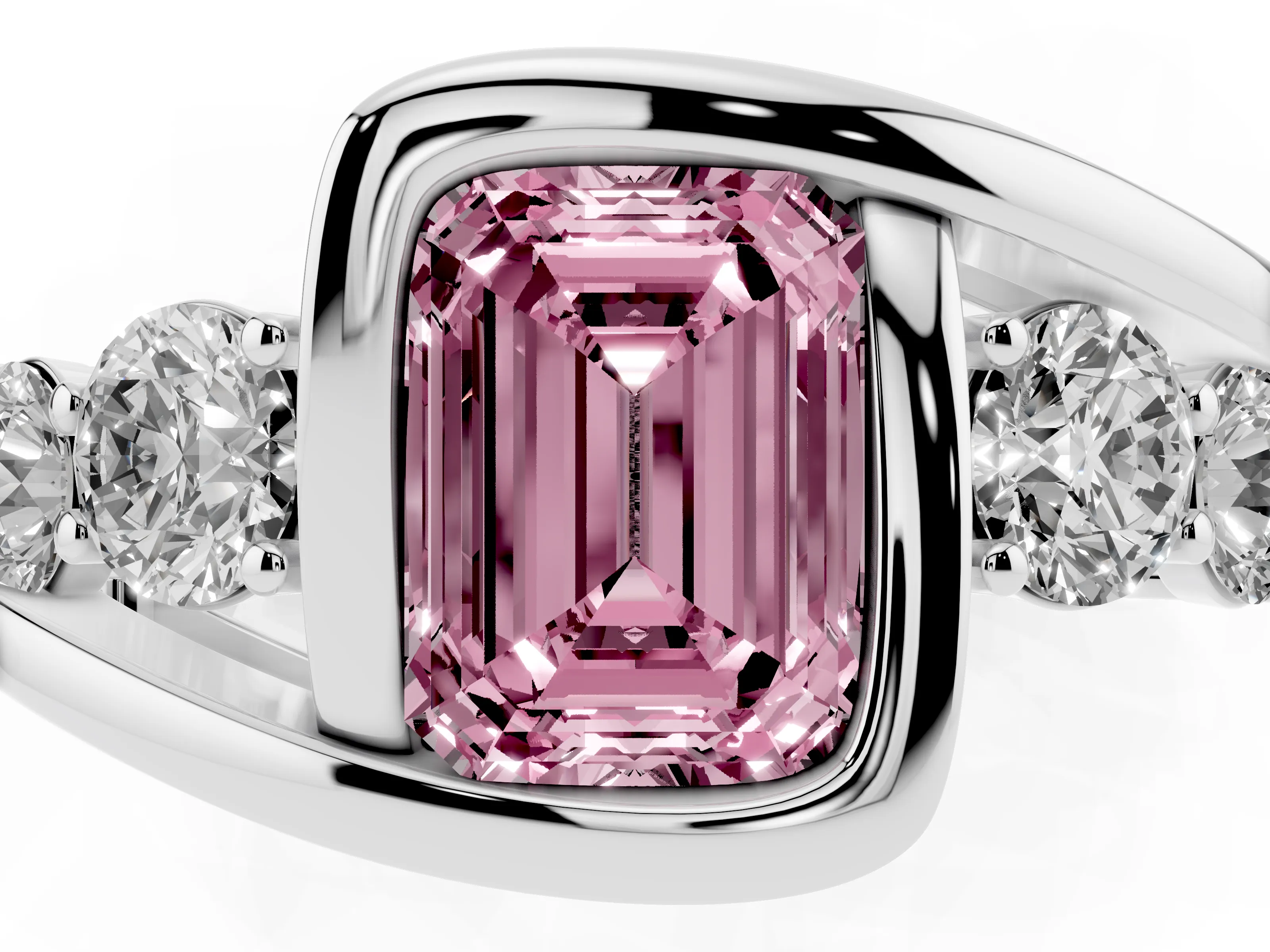 Fancy Pink Emerald Cut Diamond Bezel Bypass Ring Set in Silver with Round Accents