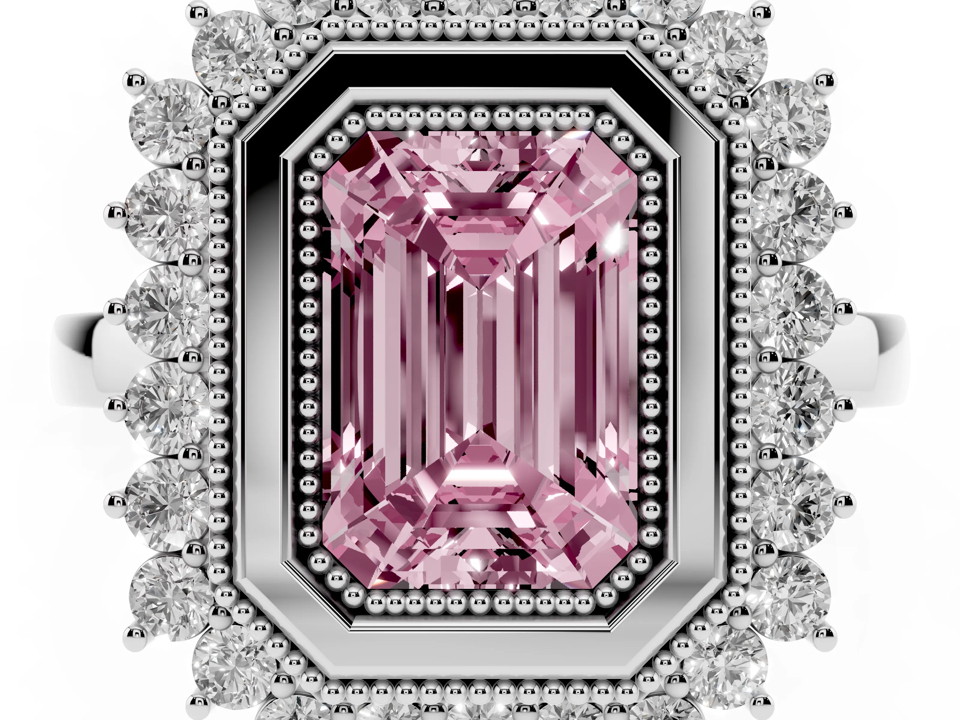 Fancy Pink Emerald Cut Diamond Halo Ring Set in Silver with Milgrain Edge and Round Prong Setting