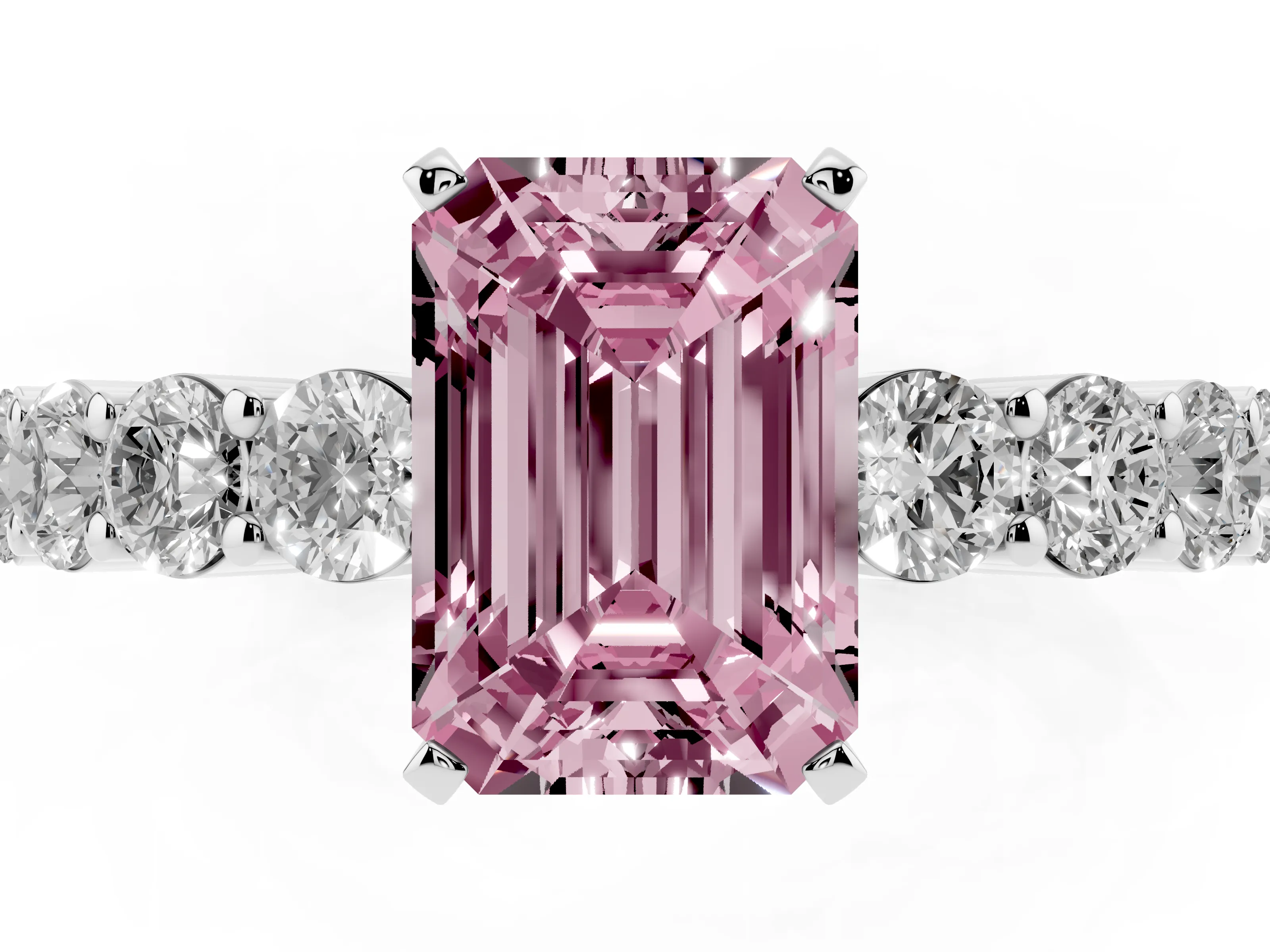 Fancy Pink Emerald Cut Diamond Solitaire Ring Set in Platinum with Shared Prong Round Side Stones