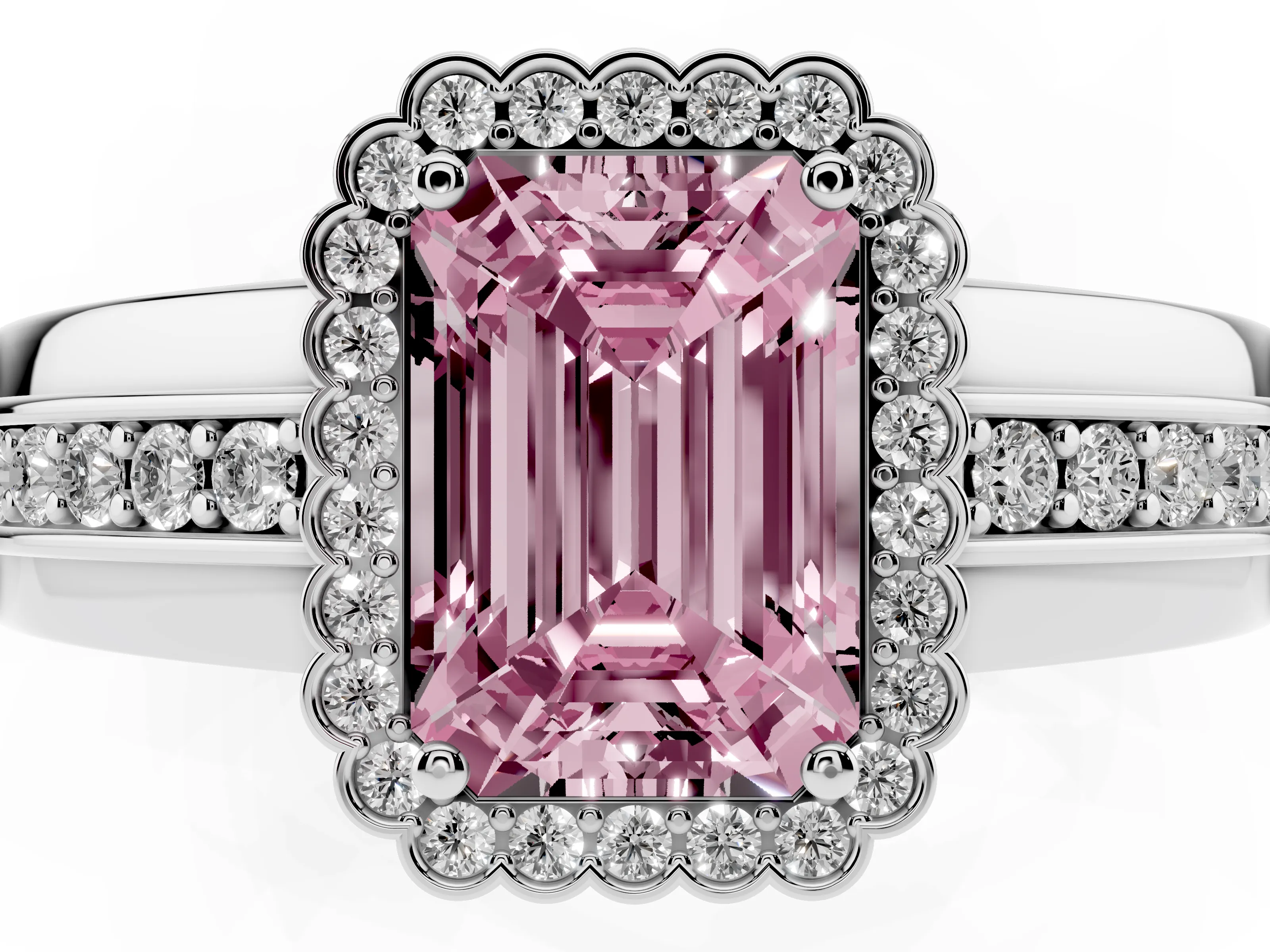 Fancy Pink Emerald Cut Diamond Halo Prong Ring Set in Silver with Pavé Band