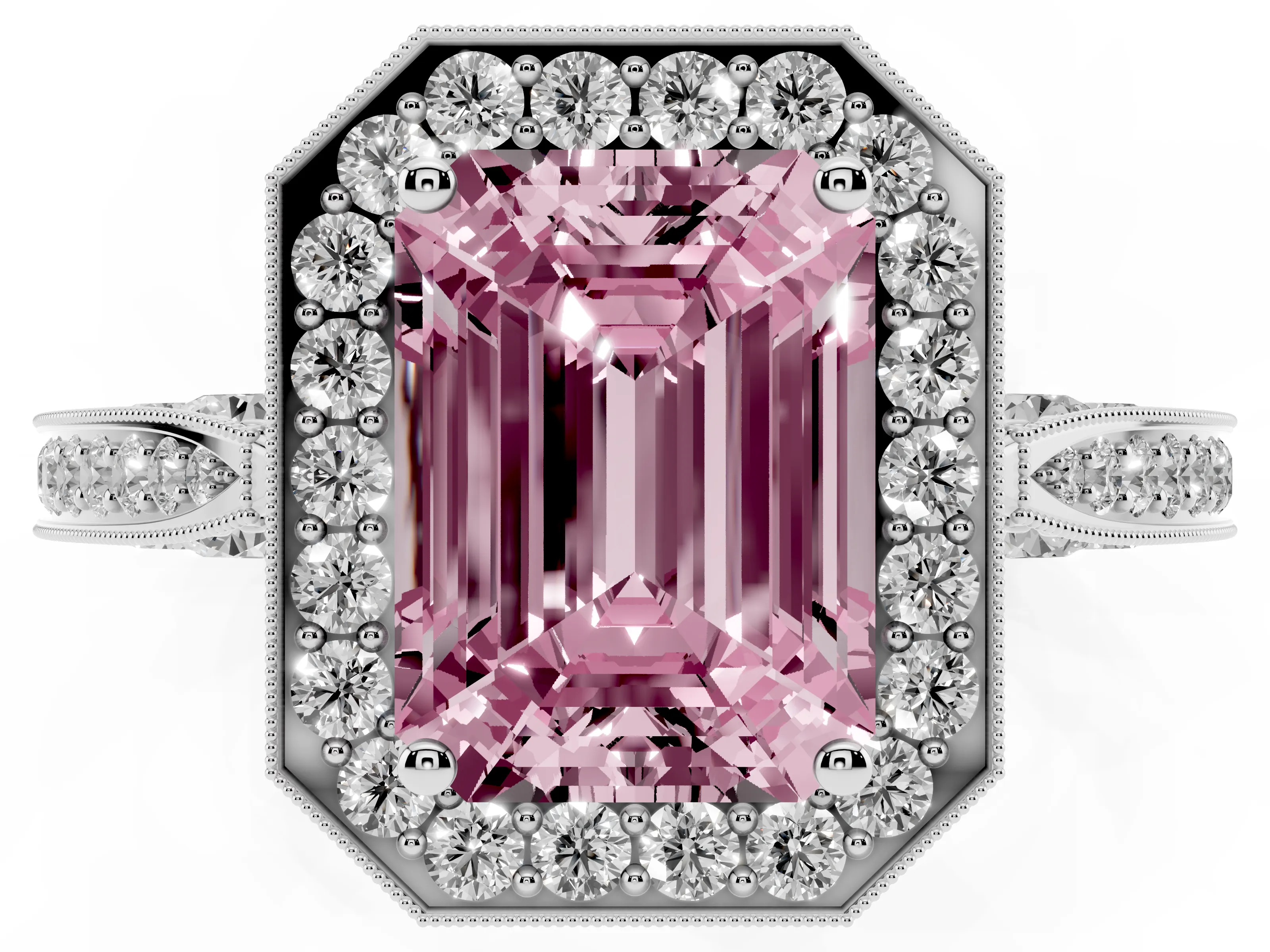 Fancy Pink Emerald Cut Diamond Halo Engagement Ring Set in Platinum with Accent Split Shank Band