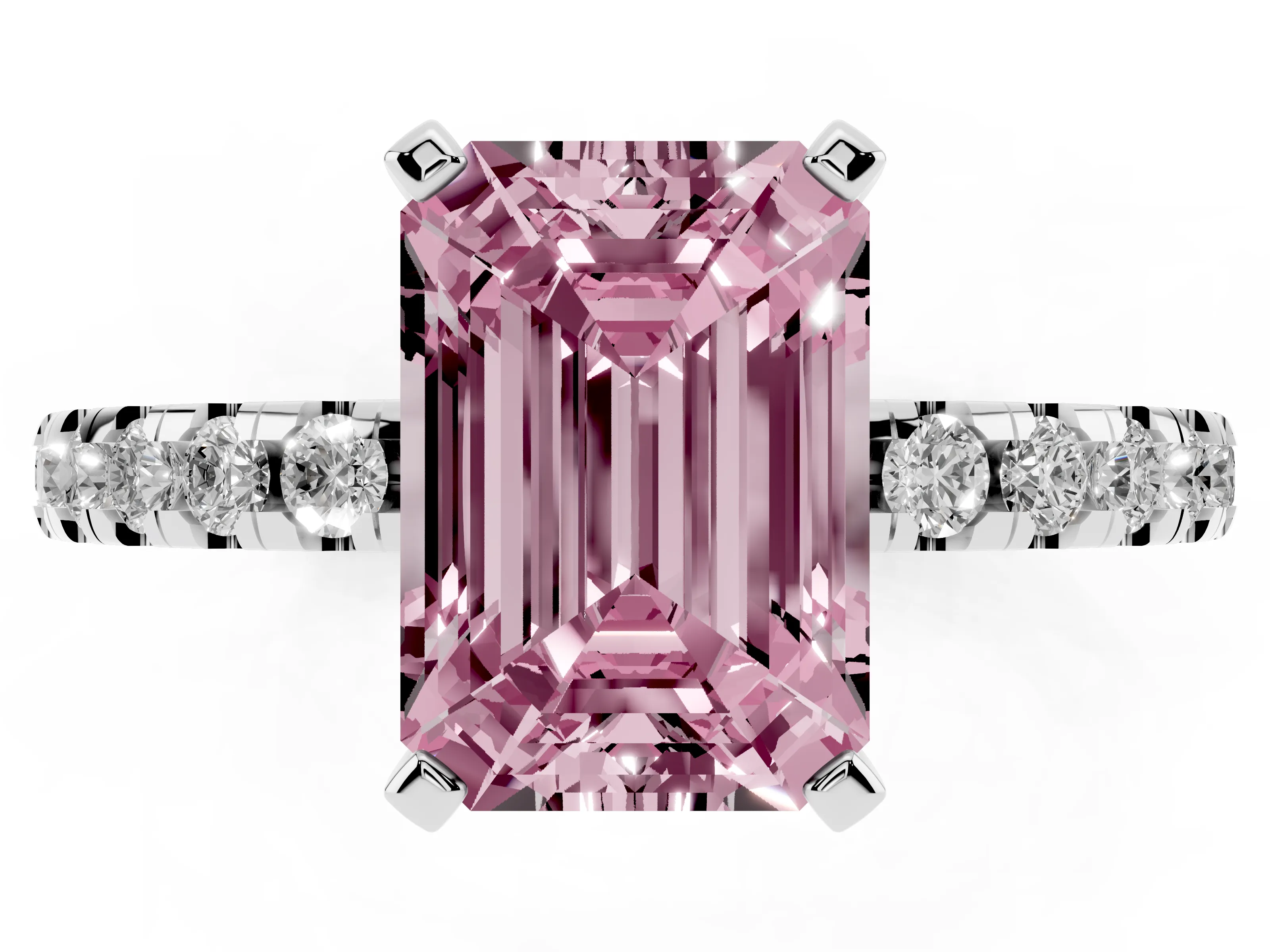 Fancy Pink Emerald Cut Diamond Pavé Solitaire Ring Set in Silver with Round Band Accents and Prong Setting