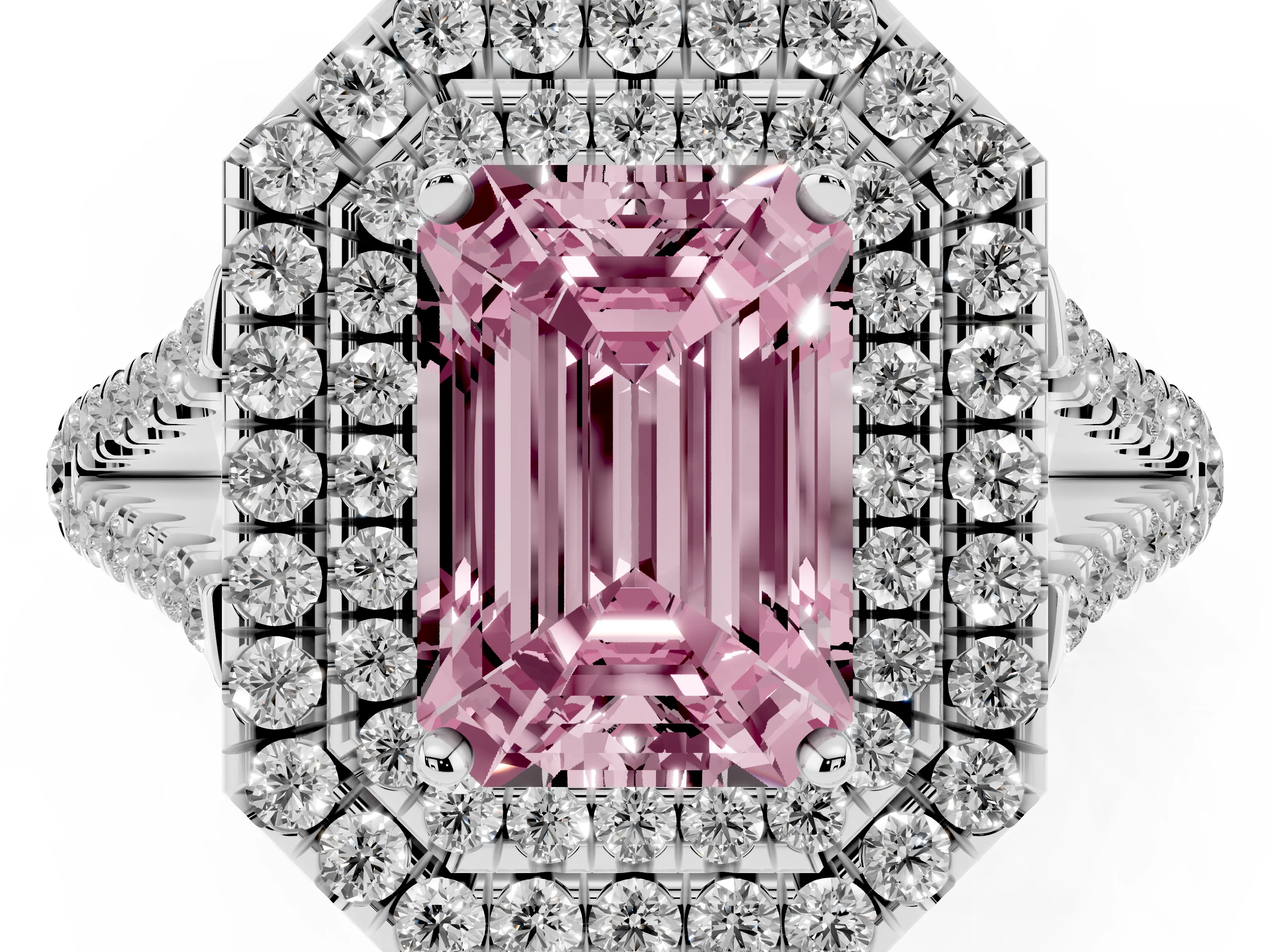 Fancy Pink Emerald Cut Diamond Double Halo Ring Set in Silver with Pavé Band