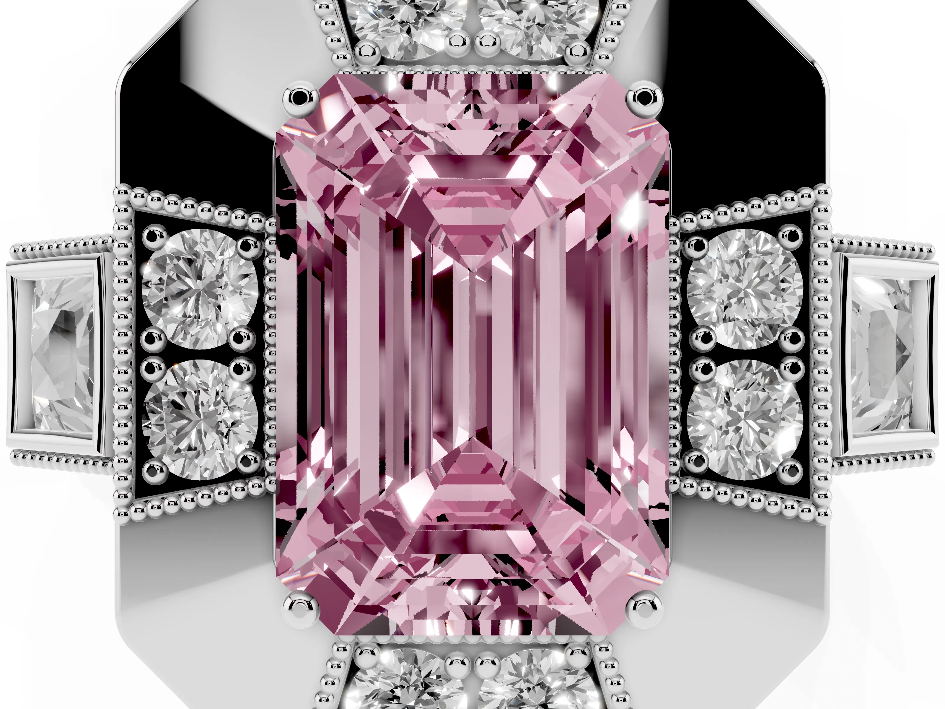 Fancy Pink Emerald Cut Diamond Milgrain Halo Ring Set in Silver with Split Shank