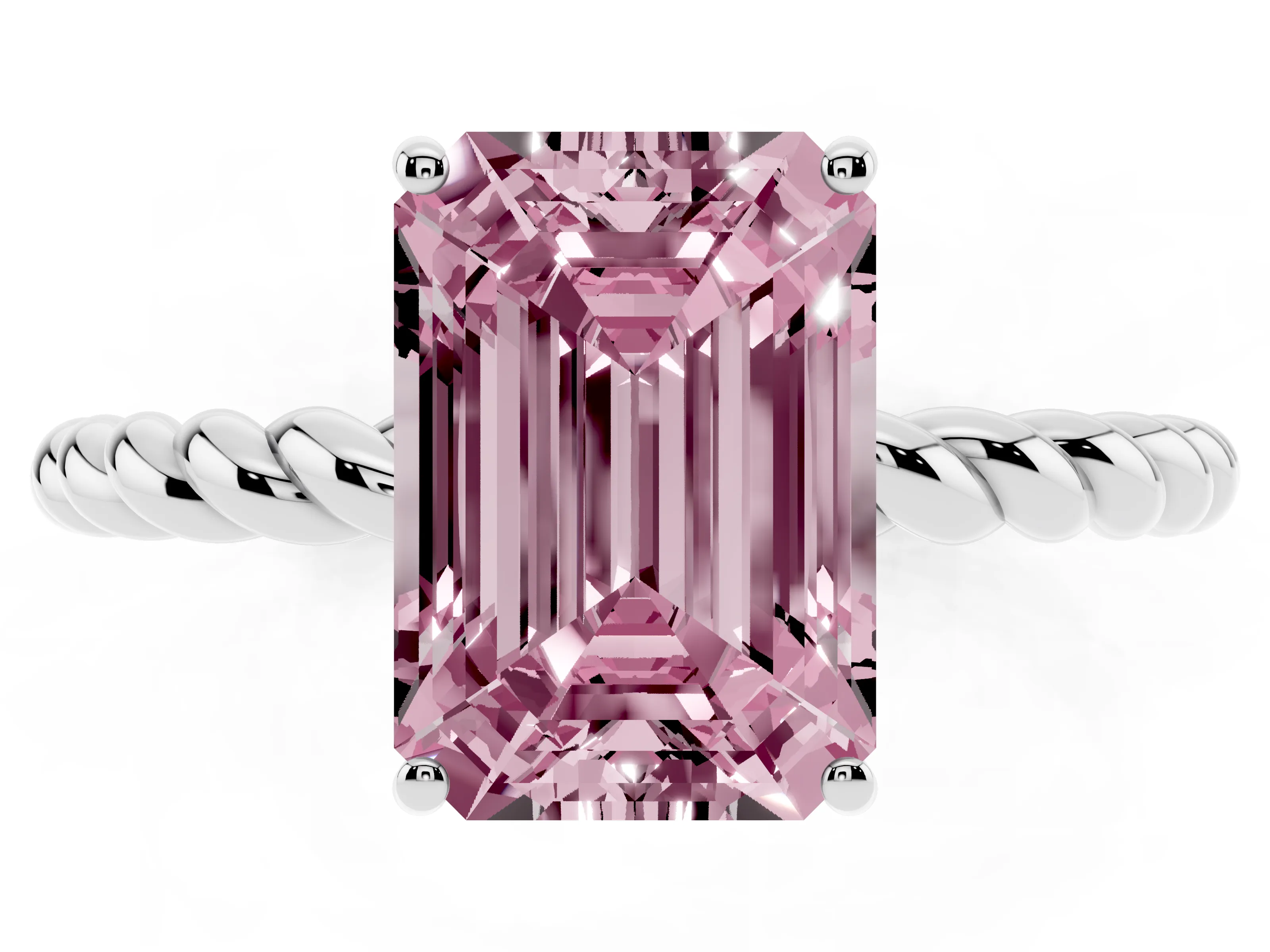 Fancy Pink Emerald Cut Diamond Solitaire Ring Set in White gold with Twist Band and Prong Setting
