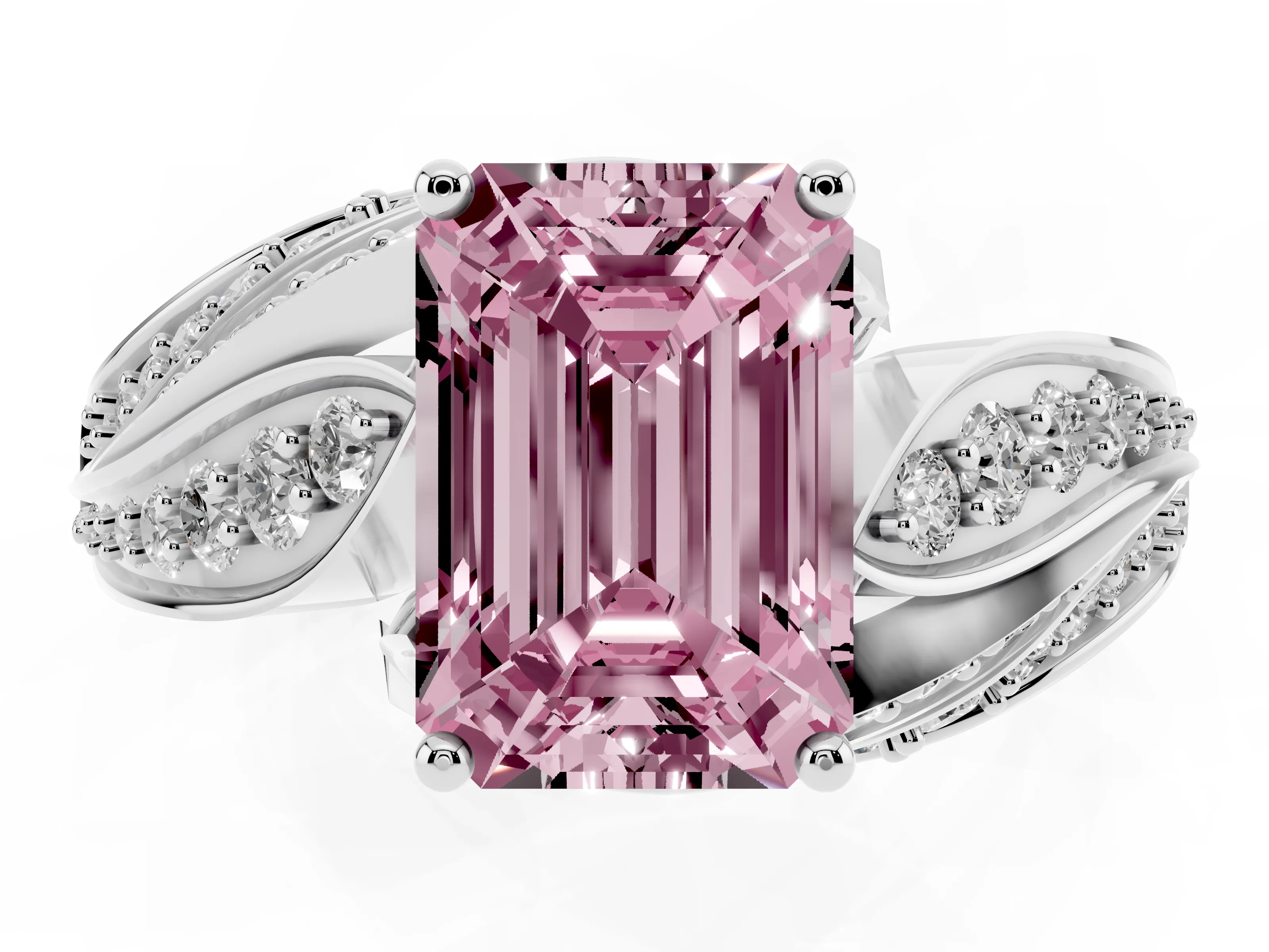Fancy Pink Emerald Cut Diamond Solitaire Ring Set in White gold with Layered Twist Pavé Band