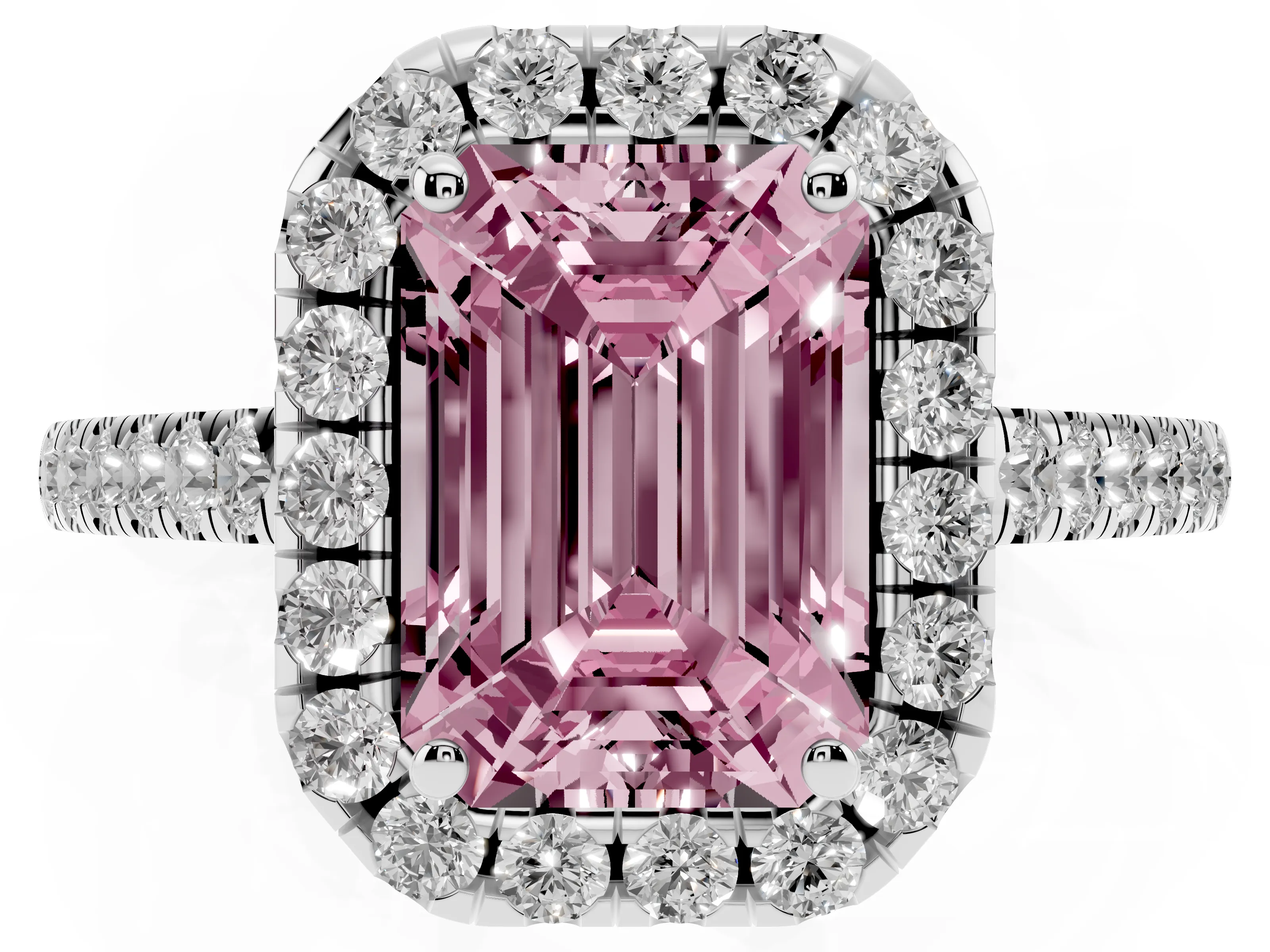 Fancy Pink Emerald Cut Diamond Halo Pavé Engagement Ring Set in Silver with Prong Setting