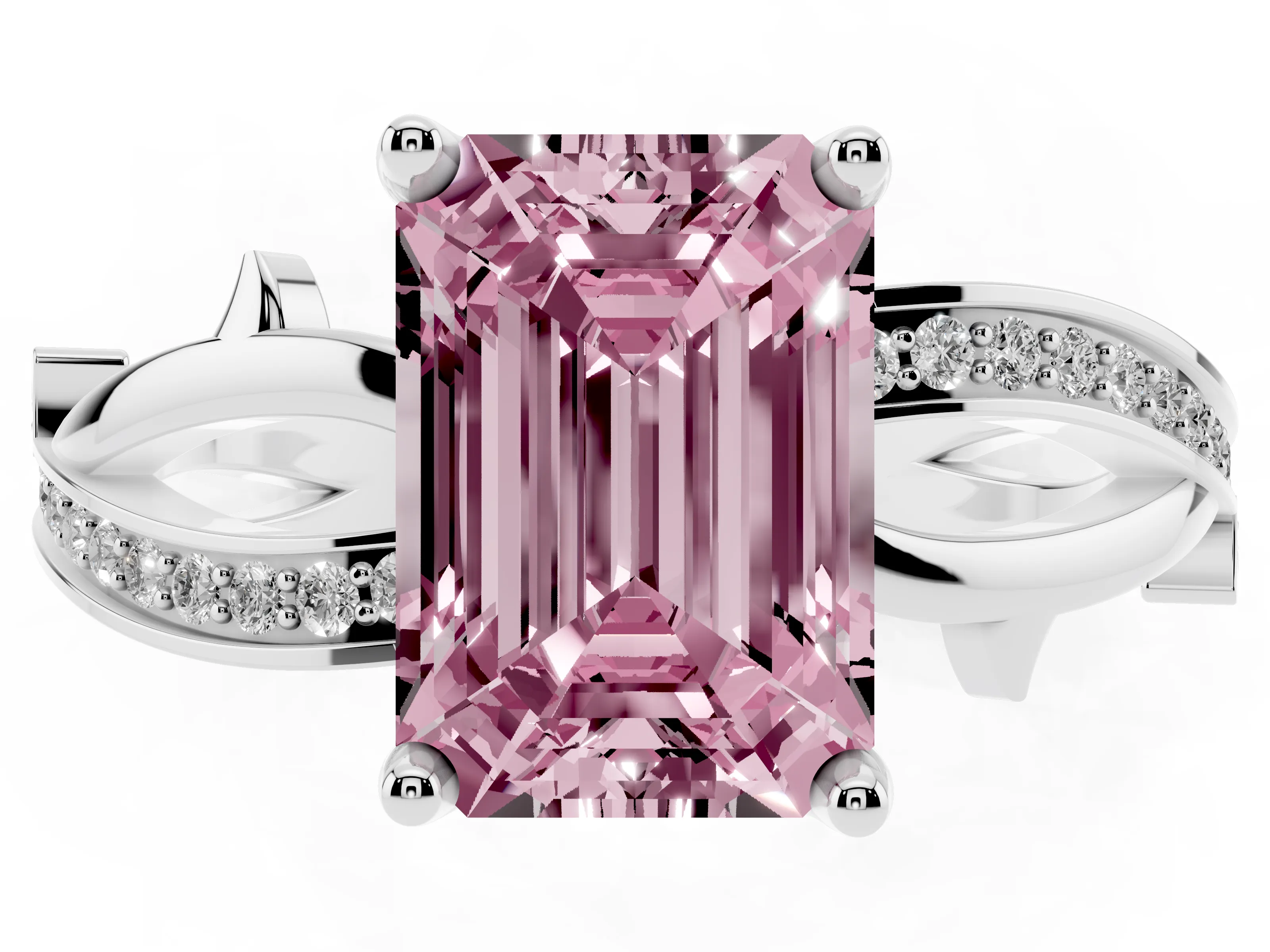 Fancy Pink Emerald Cut Diamond Pavé Twist Band Solitaire Ring Set in Platinum with Prong Setting