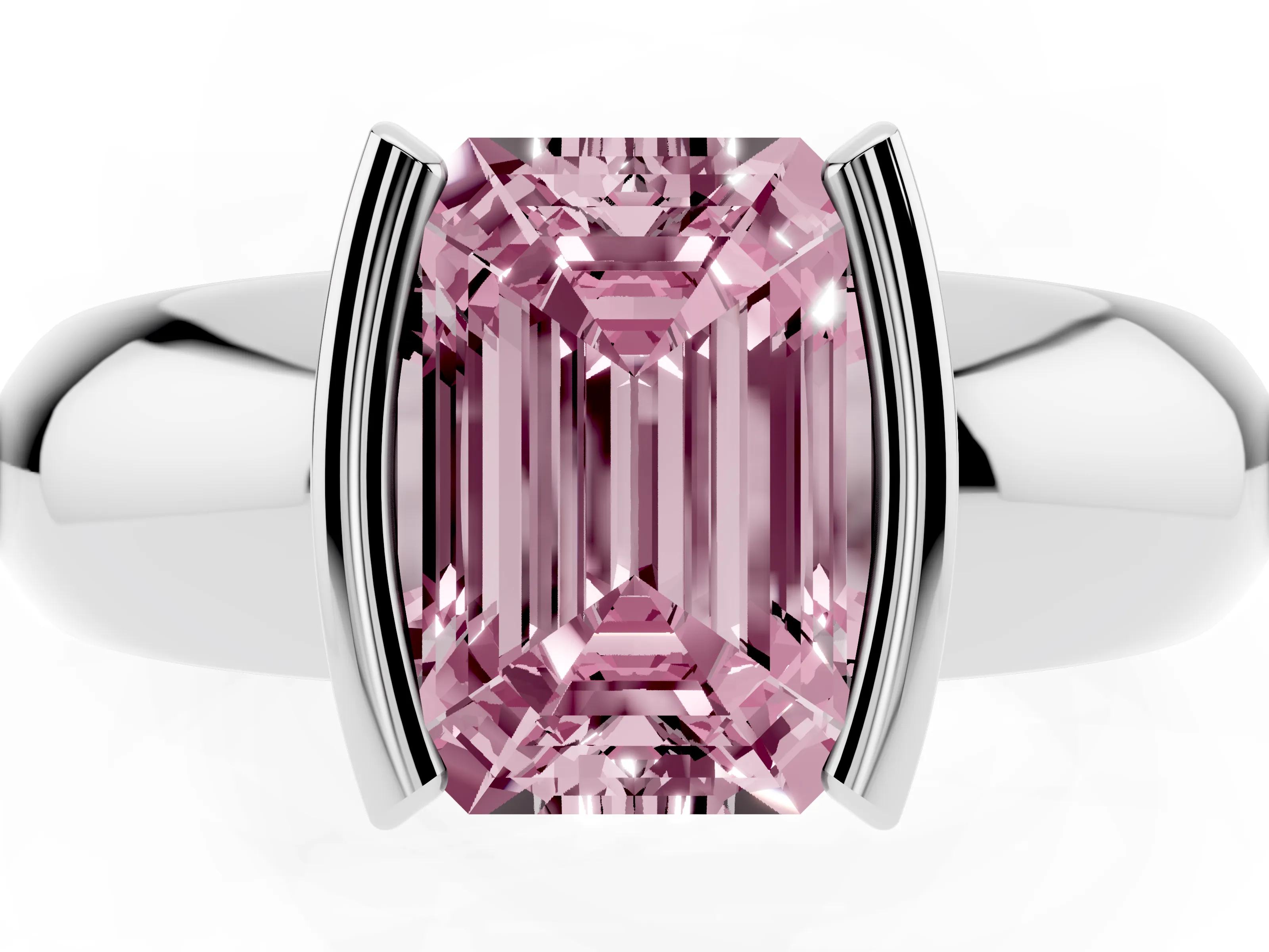 Fancy Pink Emerald Cut Diamond Solitaire Tension Set Ring Set in White gold with Wide Band
