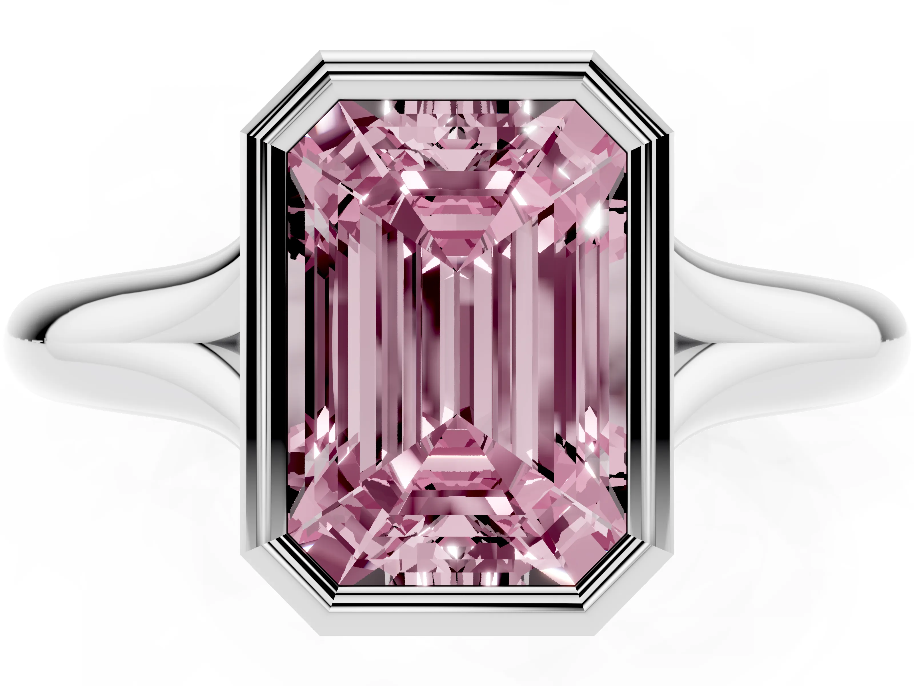 Fancy Pink Bezel Set Emerald Cut Diamond Solitaire Ring Set in White gold with Smooth Band