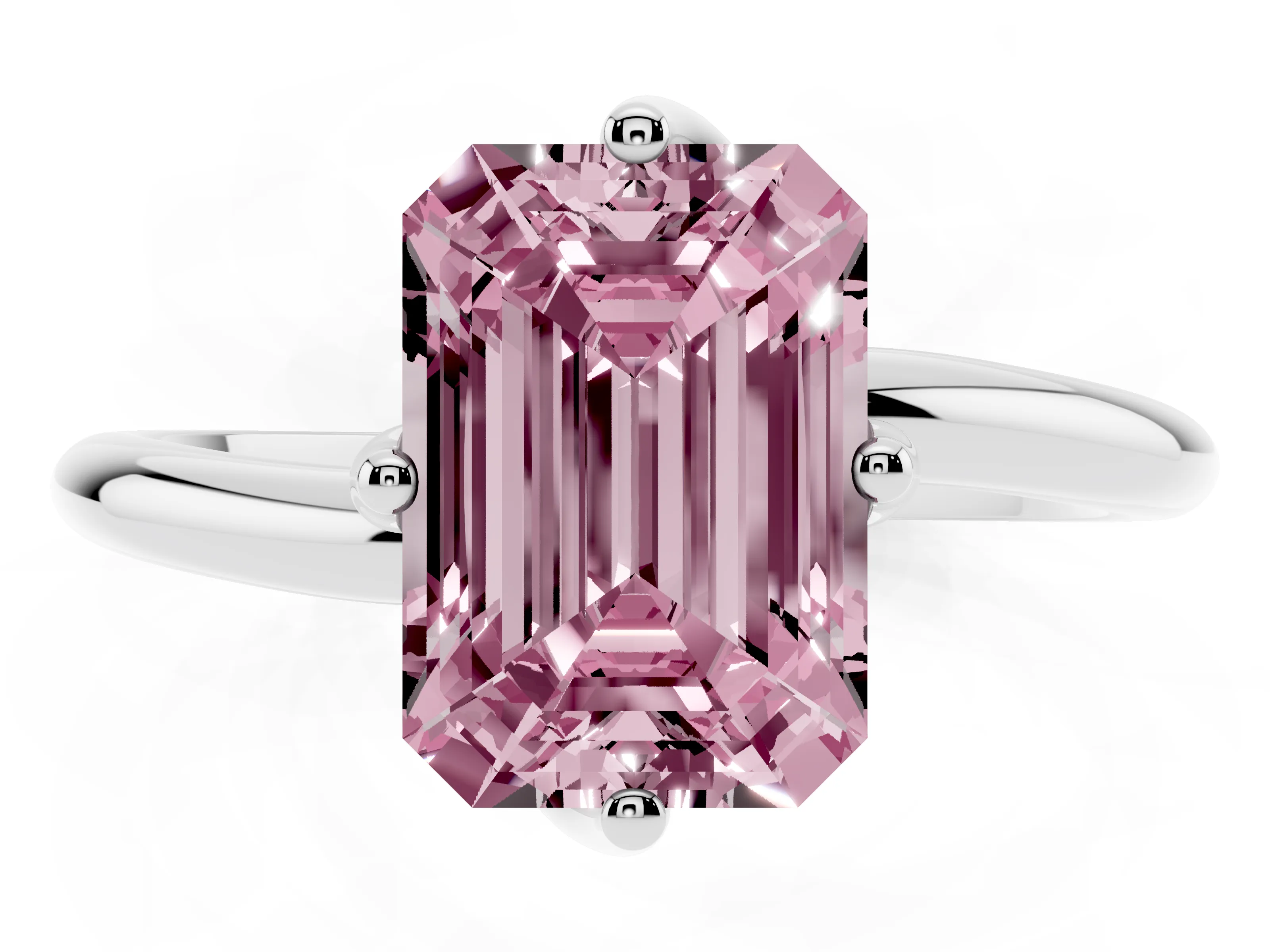 Fancy Pink Emerald Cut Diamond Solitaire Engagement Ring Set in Silver with Classic Plain Band