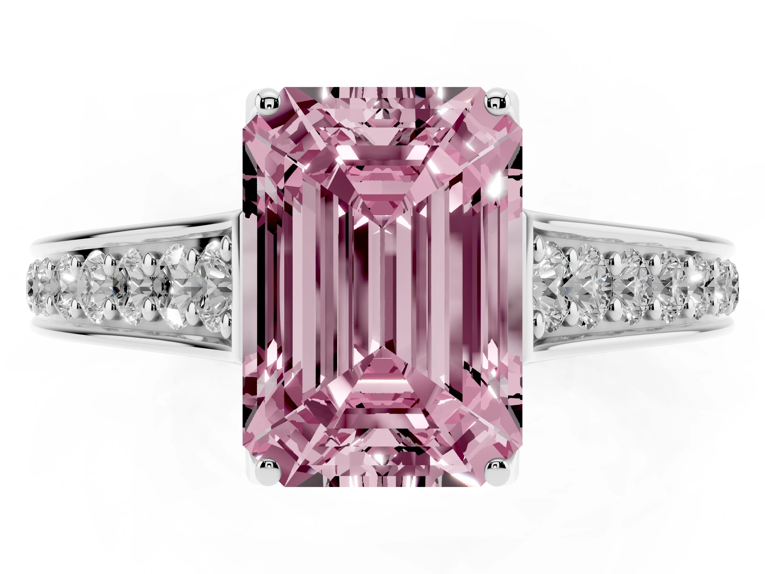 Fancy Pink Emerald Cut Diamond Solitaire Pavé Engagement Ring Set in White gold with Prong Setting