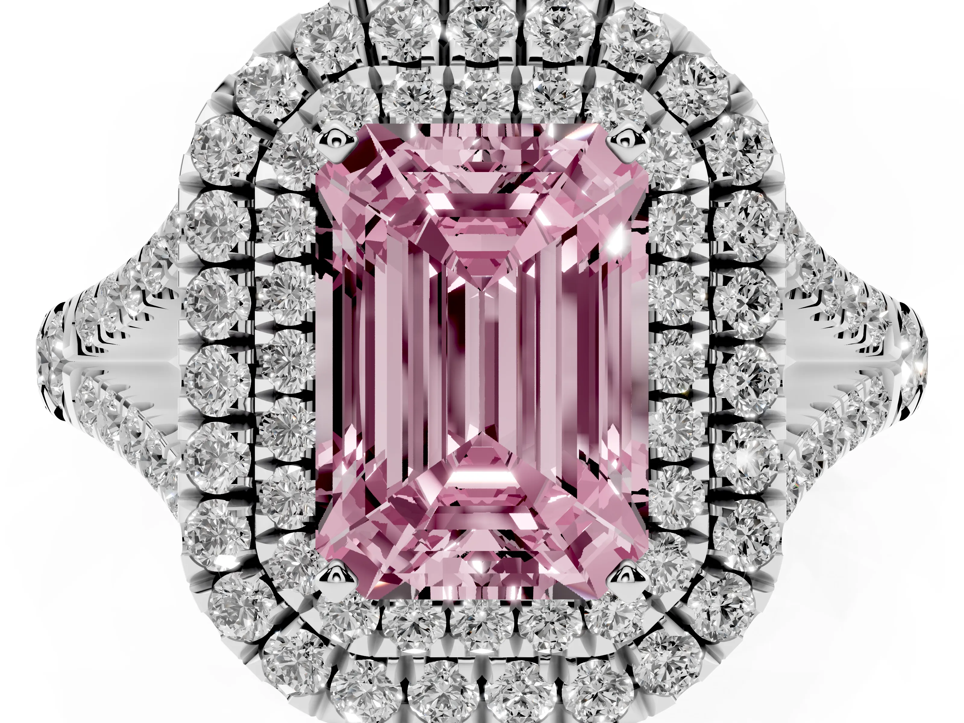 Fancy Pink Emerald Cut Diamond Pavé Split Shank Double Halo Engagement Ring Set in Silver