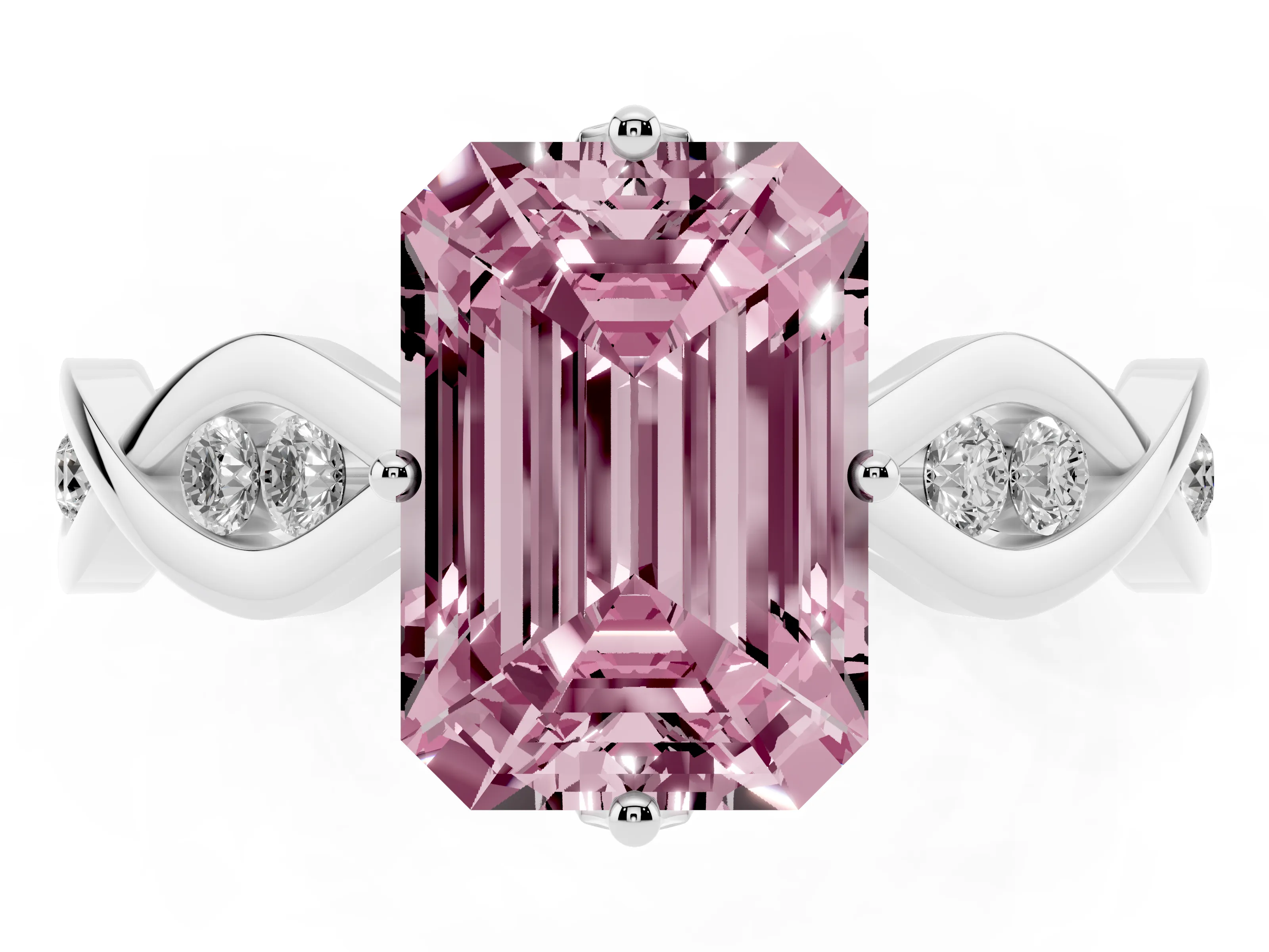 Fancy Pink Emerald Cut Diamond Twist Band Solitaire Ring Set in Platinum with Leaf Prong Setting and Accent Stones