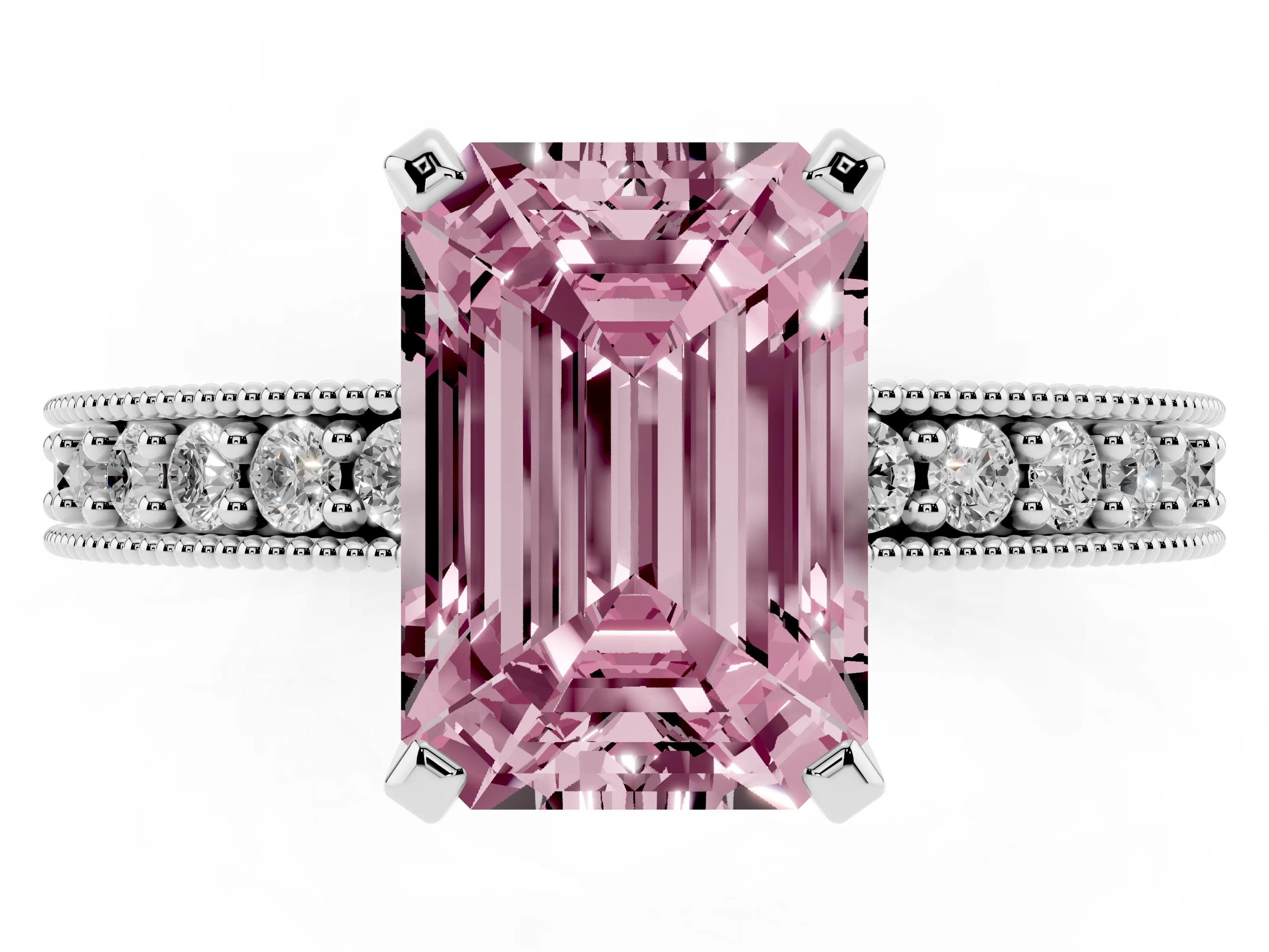 Fancy Pink Emerald Cut Diamond Milgrain Pavé Engagement Ring Set in Silver with Prong Setting