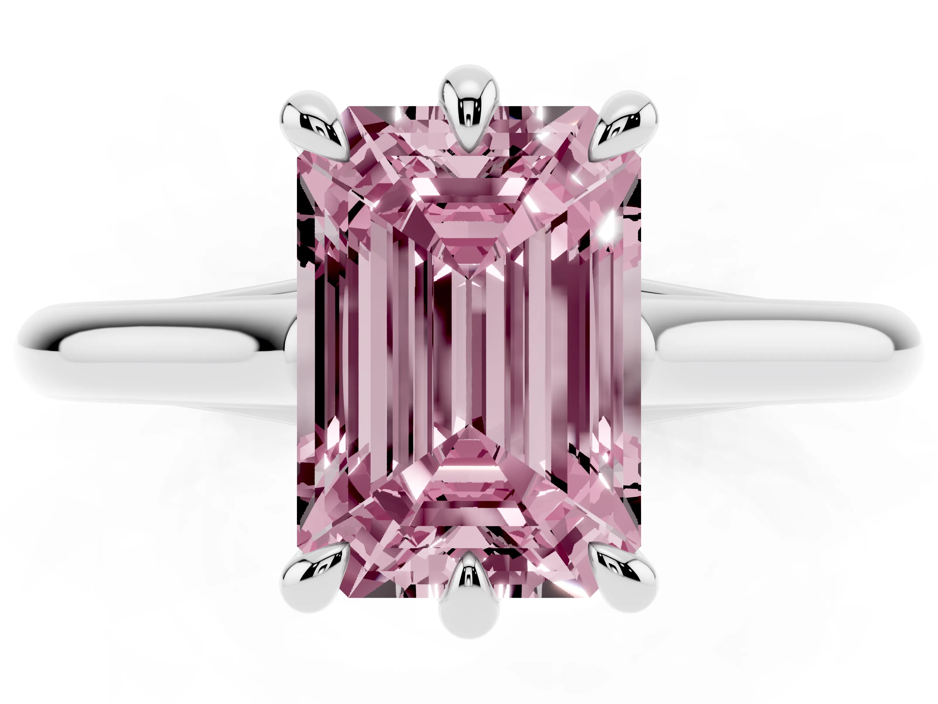 Fancy Pink Emerald Cut Diamond Solitaire Engagement Ring Set in Silver with Prong Setting and Plain Classic Band
