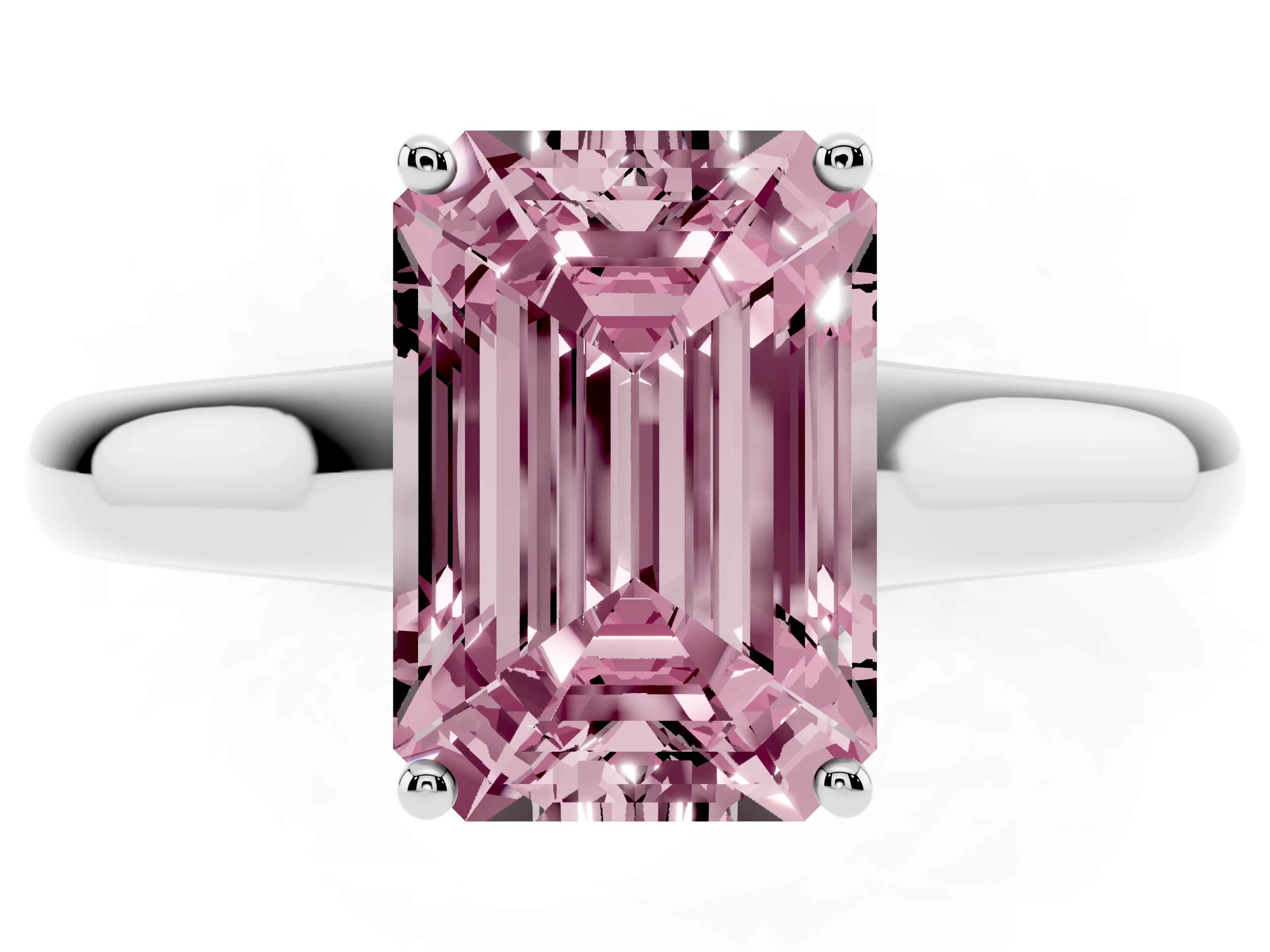 Fancy Pink Emerald Cut Diamond Solitaire Engagement Ring Set in White gold with Subtly Tapered Band and Prong Setting
