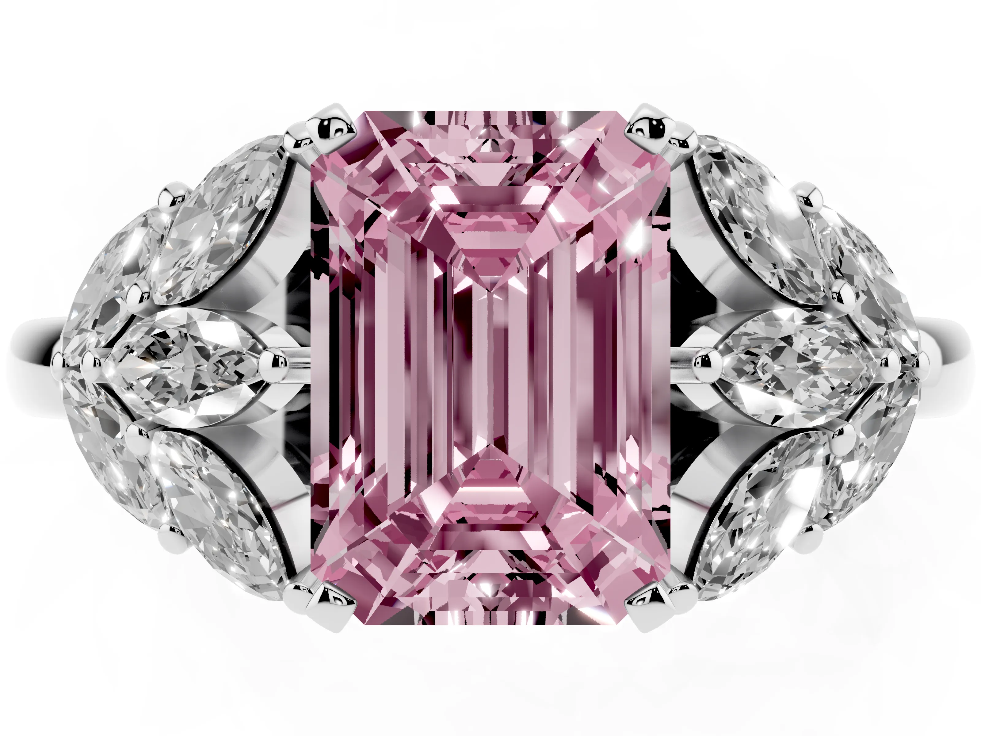 Fancy Pink Emerald Cut Diamond Cluster Leaf Design Ring Set in Platinum with Prong Setting