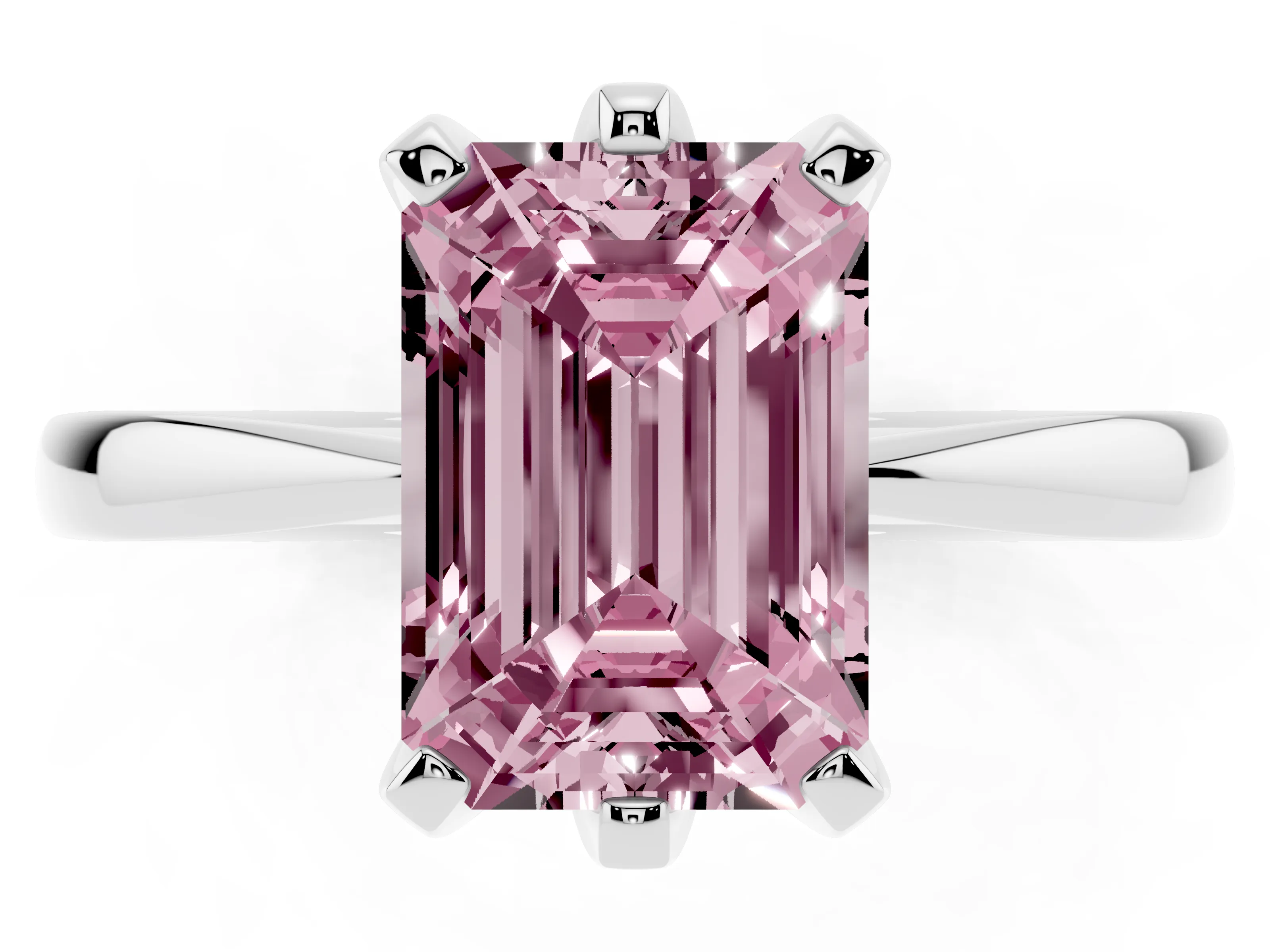 Fancy Pink Emerald Cut Diamond Solitaire Engagement Ring Set in White gold with Slim Tapered Solitaire Band