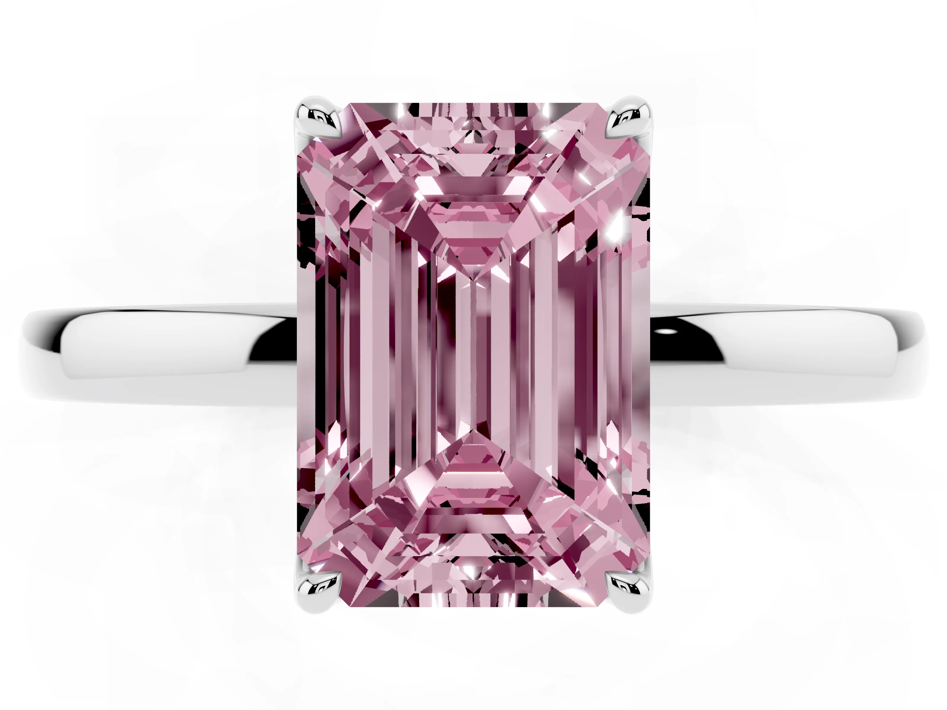 Fancy Pink Emerald Cut Diamond Solitaire Ring Set in White gold with Prong Setting and Thin Polished Band