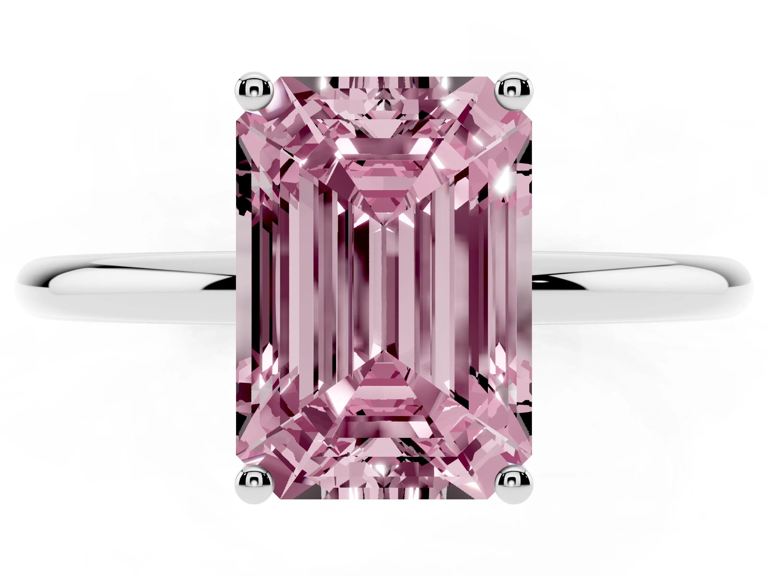 Fancy Pink Emerald Cut Diamond Solitaire Engagement Ring Set in Platinum with Thin Band and Prong Setting
