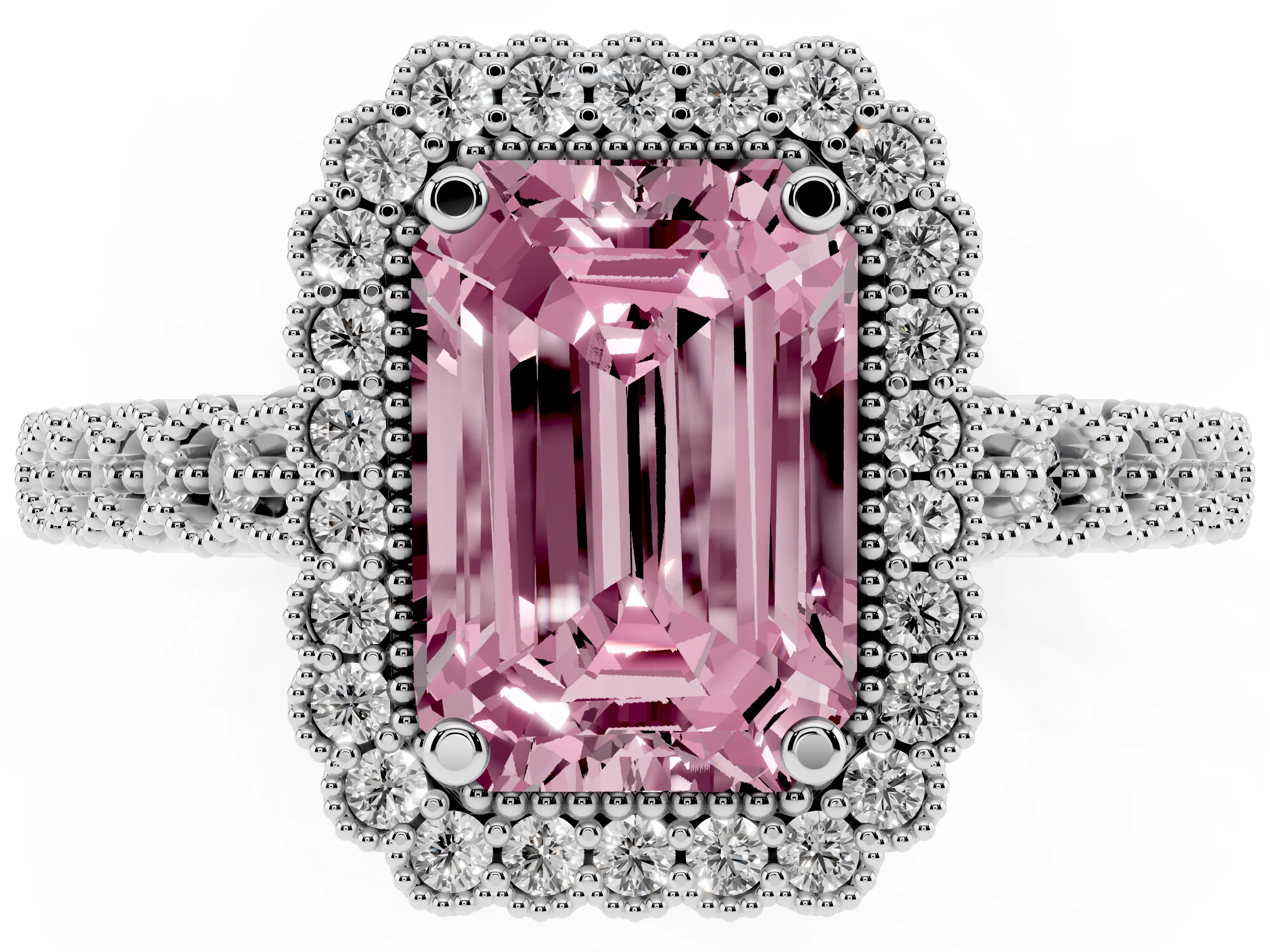 Fancy Pink Emerald Cut Diamond Halo Ring Set in White gold with Pavé Milgrain Band